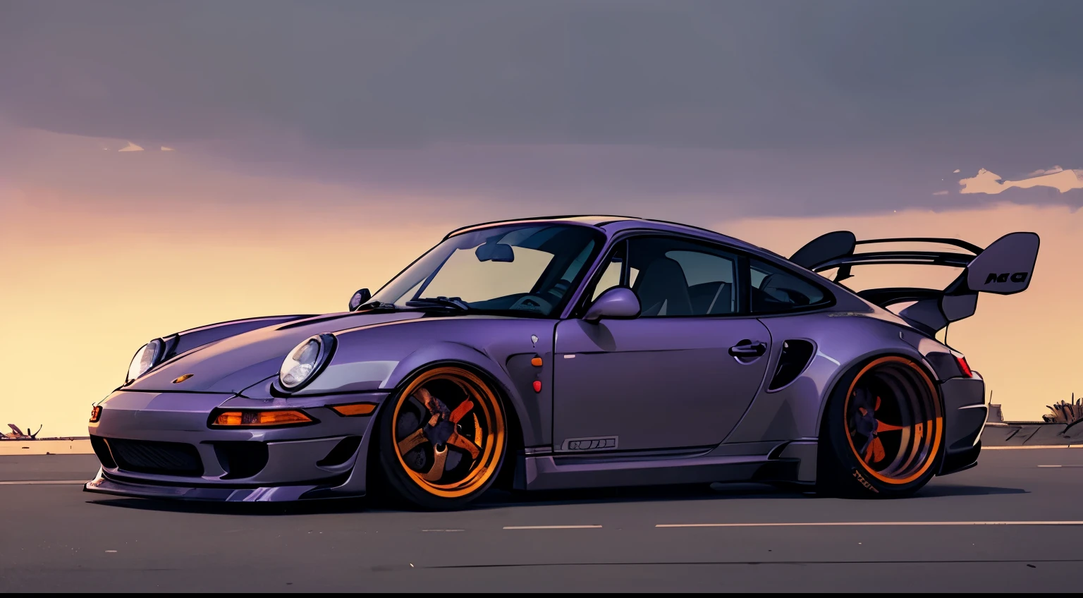 Dark Beige Porsche 911 rwb, wide body, sketch, 
cartoonish, comic strip, rendering, purple wheels, bagged, slammed to the ground, empty parkinglot, style dessin manga, couleur