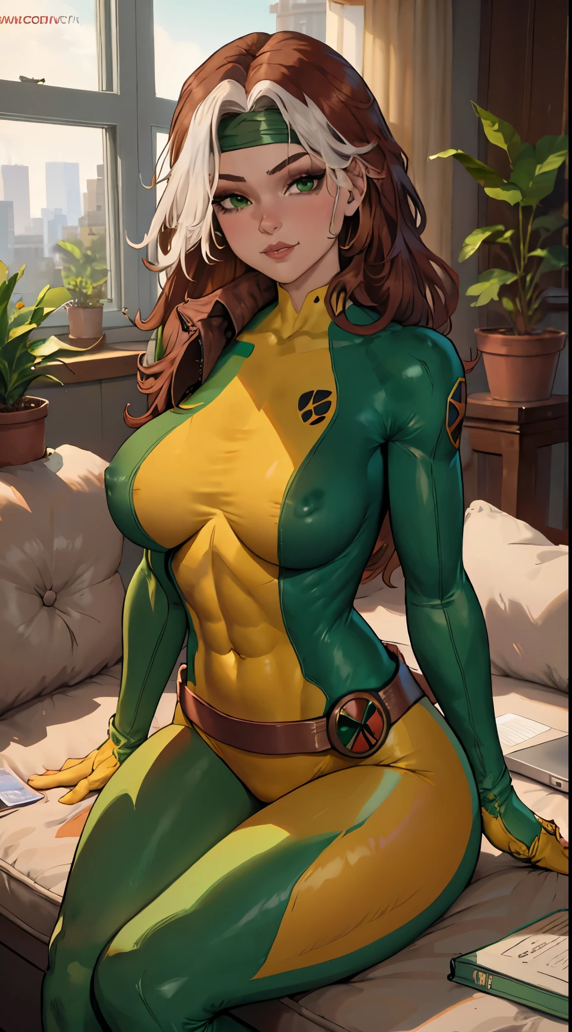 (masterpiece, best quality:1.2), classicrogue, 1girl, solo, long hair, breasts, smile, large breasts, brown hair, green eyes, jacket, big hair, white hair, multicolored hair, parted lips, open clothes, belt, two-tone hair, open jacket, lips, bodysuit, covered navel, makeup, muscular, headband, abs, skin tight, multicolored clothes, muscular female, dyed bangs, multicolored bodysuit, green bodysuit, yellow bodysuit, butterfly, bug, window, sitting, indoors, plant, book, laptop, computer, couch, looking at viewer, closed mouth, blurry, blue butterfly, potted plant, building, expressionless, depth of field, book stack, day