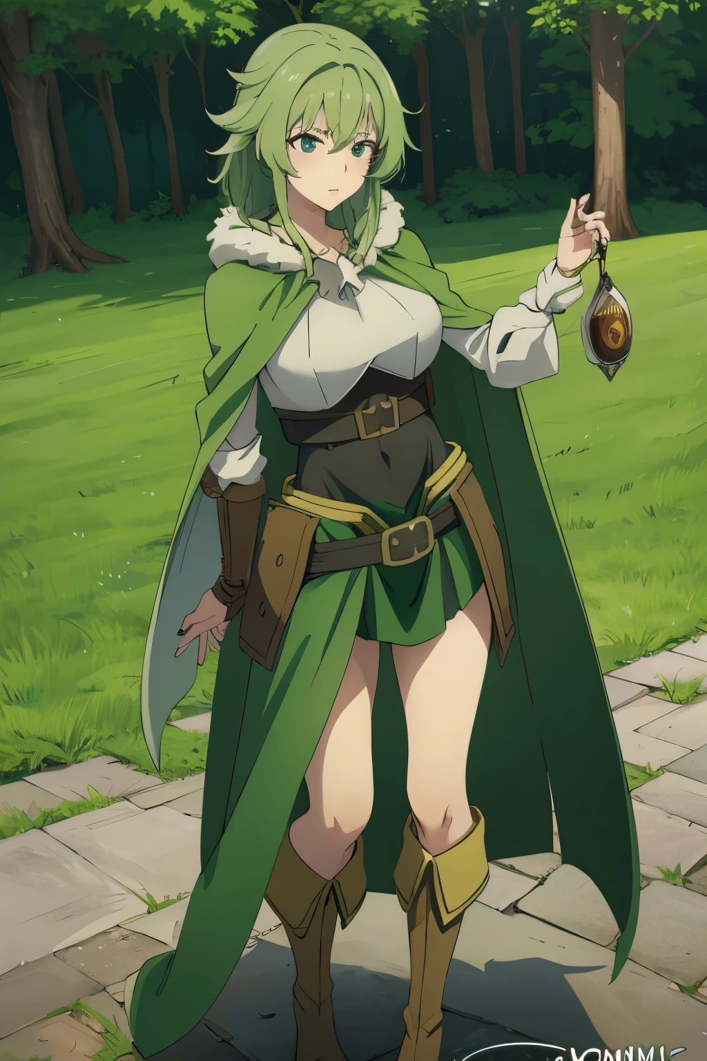 a cartoon drawing of a woman in a green cape and boots, with a green cloak, green cloak, full body concept, rpg portrait full body, wearing a green cloak, wearing green cloak, d&d protagonist, cushart krenz, official character art, fullbody rpg portrait, ( ( character concept art ) ), fus rei, jrpg character art,White 