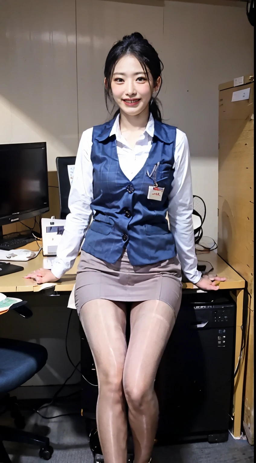 Ulchan-6500-v1.1, (Raw photo:1.2), (Photoreal), (genuine:1.4), 1with a girl、very cute girl、21 years old、game_nffsw, ダークブラウンのeye(eye), smile of shame、plaid vest、skirt and thighs、Work at an office desk、(super realistic pantyhose:1.2), curly hair、realistic skin texture、shiny skin、exposed thighs!!! , compensate、 (high heels)、(business services)、(very affectionate smile:1.2)、