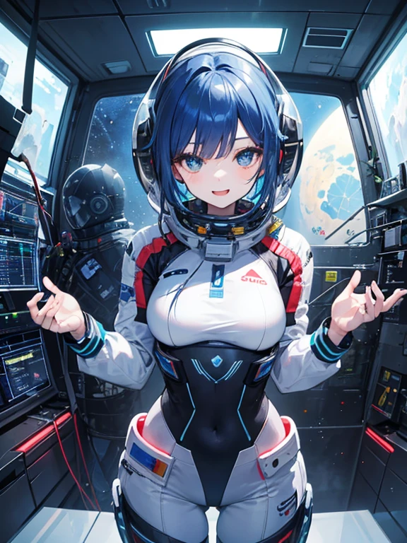 cute girl in a spaceship, standing, hands behind backs, happy. close up, tecnological, asteroids, space suit, without helmet, glass, space window, gorgeous, (masterpiece), best quality, expressive eyes, perfect face, sensual, colorfull eyes, reflections,amazing,
