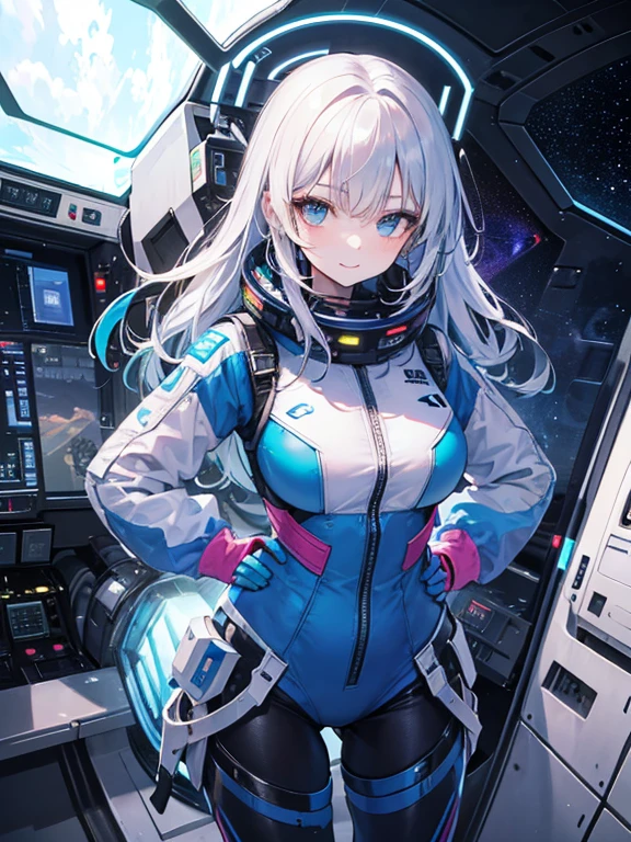 cute girl in a spaceship, standing, hands behind backs, happy. close up, tecnological, asteroids, space suit, without helmet, glass, space window, gorgeous, (masterpiece), best quality, expressive eyes, perfect face, sensual, colorfull eyes, reflections,amazing,