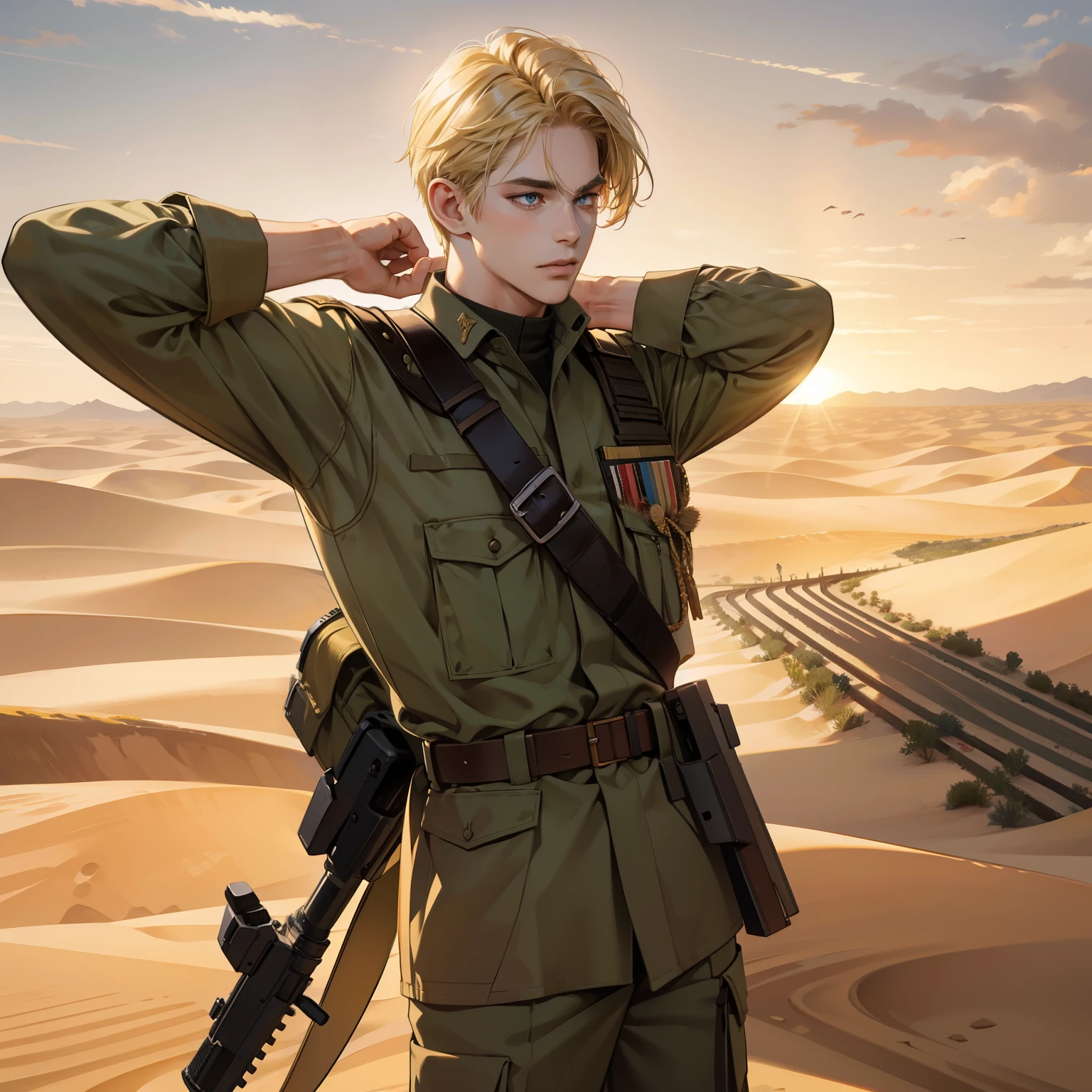 Masterpiece, high quality, best quality, 3D HD, realistic, perfect lighting, detailed body, blonde hair, 1 Man, military at war, desert background