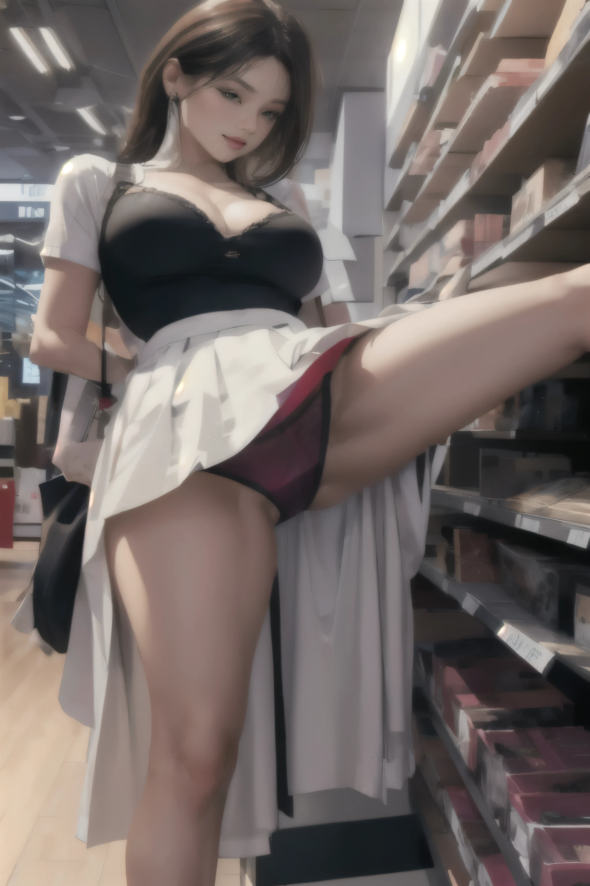 a woman in a skirt is standing in a xxx video store, exposed thighs, exposed thighs!!!, revealing clothes, beautiful angle, touching her clothes, sitting on a store shelf, getting ,xxx videos, revealing outfit, stood in a video aisle, low perspective, by Niko Henrichon, large thighs, thighs!!!! gorgeous, juicy legs, very perfect position, thighs close up, thighs!!!!! gorgeous