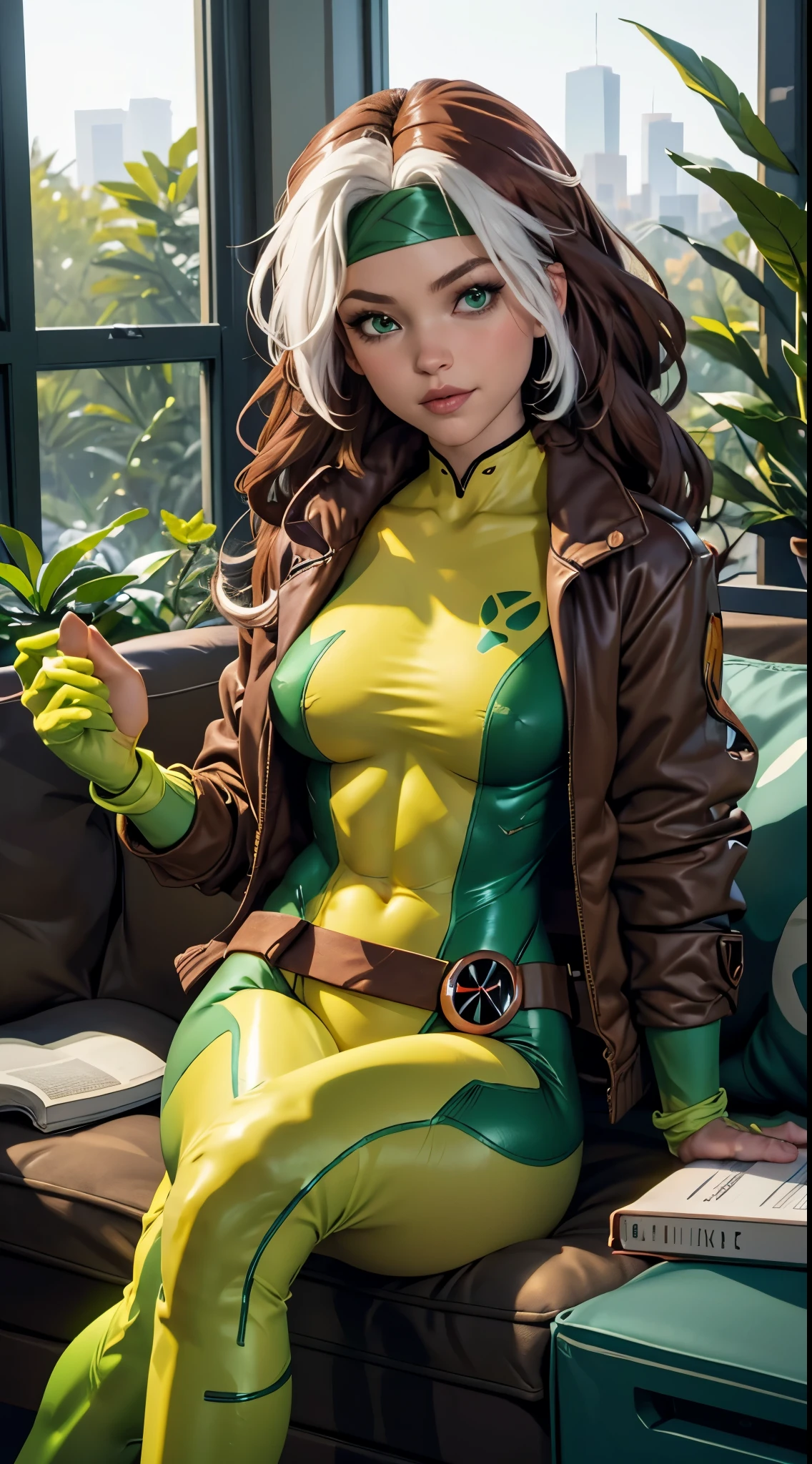 (masterpiece, best quality:1.2), classicrogue, 1girl, solo, long hair, breasts, smile, large breasts, brown hair, green eyes, jacket, big hair, white hair, multicolored hair, parted lips, open clothes, belt, two-tone hair, open jacket, lips, bodysuit, covered navel, makeup, muscular, headband, abs, skin tight, multicolored clothes, muscular female, dyed bangs, multicolored bodysuit, green bodysuit, yellow bodysuit, butterfly, bug, window, sitting, indoors, plant, book, laptop, computer, couch, looking at viewer, closed mouth, blurry, blue butterfly, potted plant, building, expressionless, depth of field, book stack, day