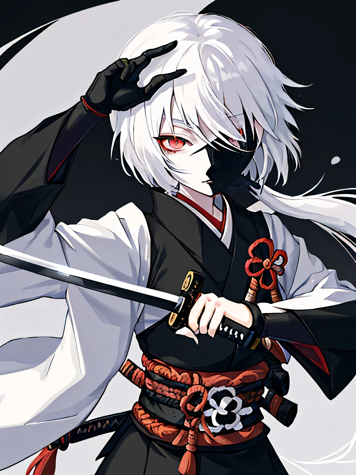 A Japanese girl，white hair，The eyes are covered with a black cloth，The hand is a robot hand，Wearing black samurai uniform，holding katana