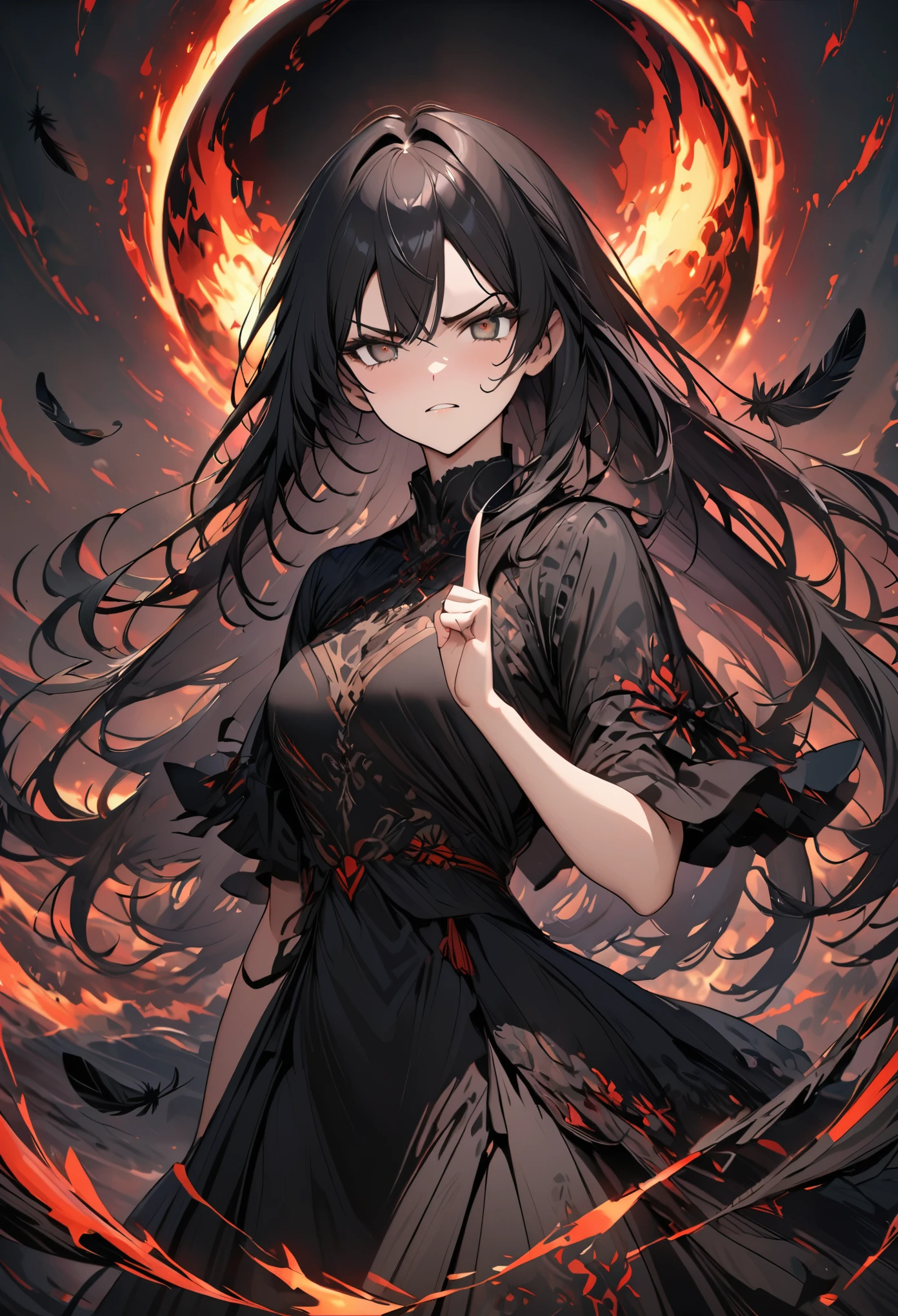 (black wind:1.4), 1girl,long_hair,facing viewer,standing,shushing,beautiful detailed eyes,exquisite dress, (annoyed face,:1.2),
(pitch-black scorched earth:1.3), (black sun:1.2), (crimson boiling magma:1.1),(falling black feathers:1.3),
8k,