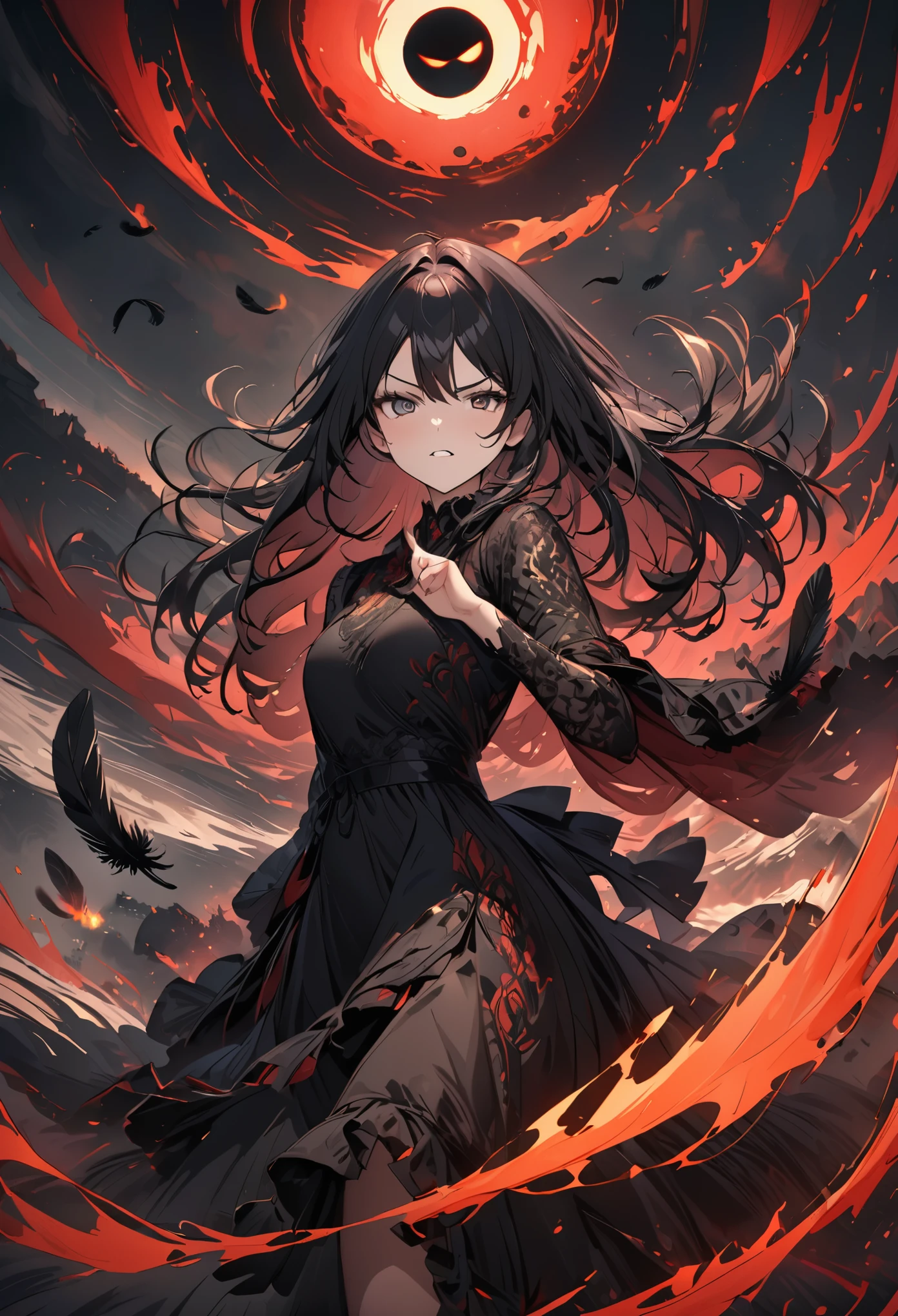 (black wind:1.4), 1girl,long_hair,facing viewer,standing,shushing,beautiful detailed eyes,exquisite dress, (annoyed face,:1.2),
(pitch-black scorched earth:1.3), (black sun:1.2), (crimson boiling magma:1.1),(falling black feathers:1.3),
8k,