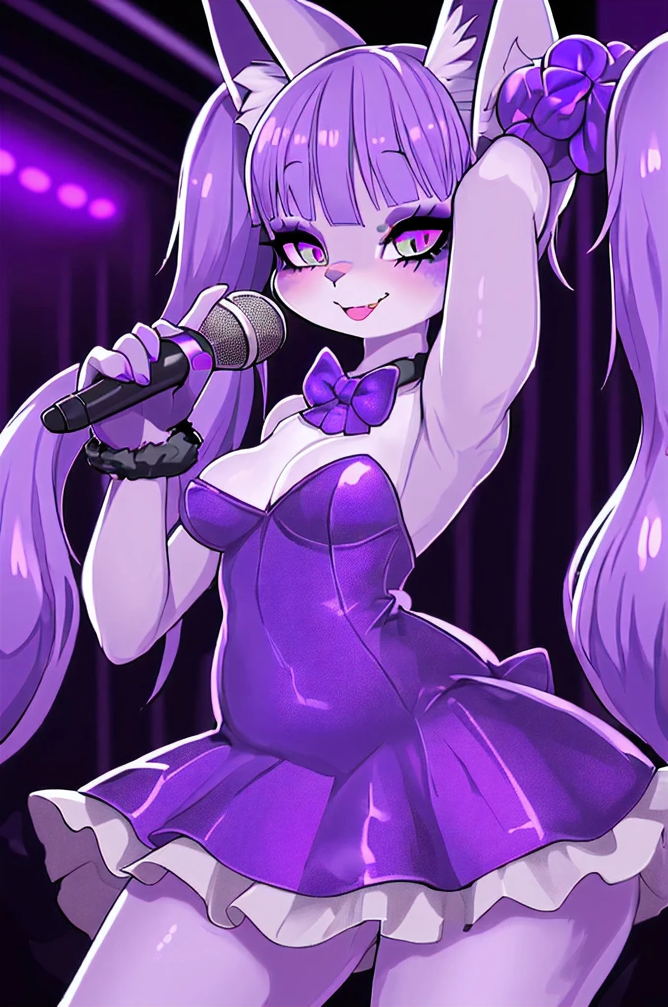 1catgirl, silver fur, lavander hair, pigtails,  body, medium breasts, purple eyeshadow, seductive smile, shimmering dress, microphone, singing in a club, looking at you