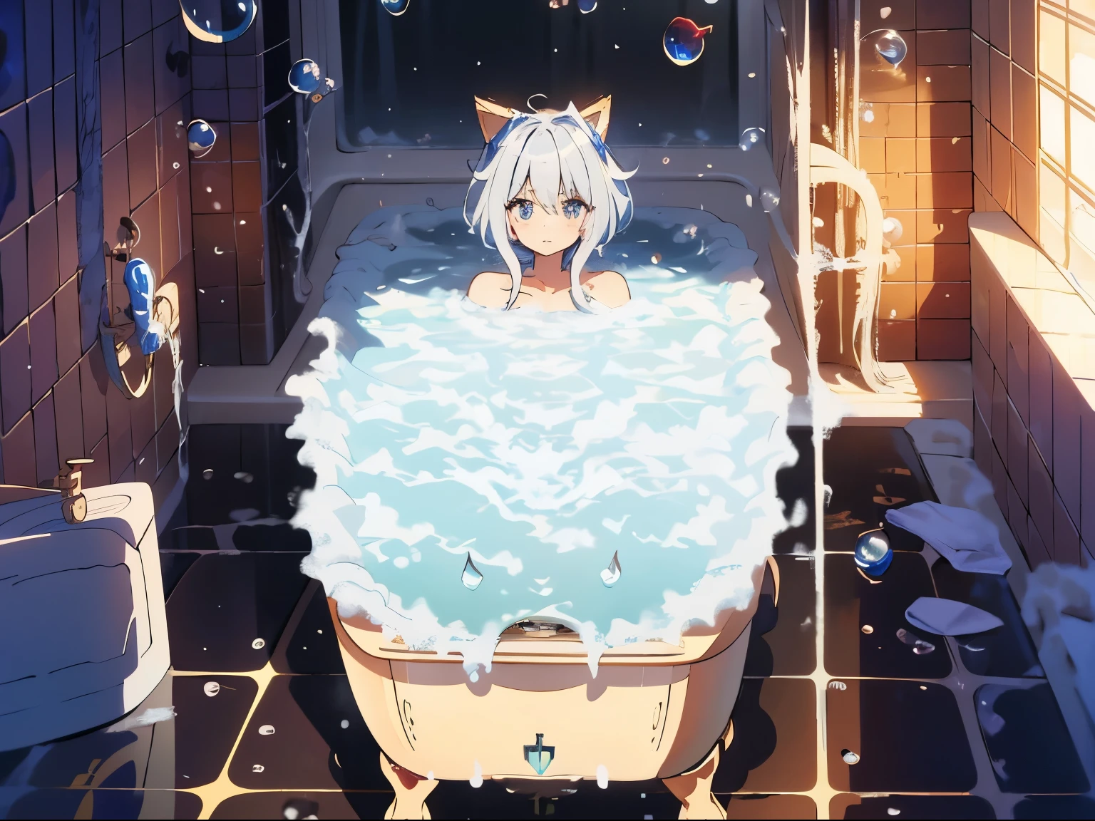 (highest quality), (masterpiece), 1080p, hd, 4k, 8K, masterpiece, A world where magic and technology coexist, boy,Cat ear,Cat earのティーンエイジャー(gray hair, short hair) ,Hone your skills,Let me'Go on a journey to uncover the secrets of power..., beautiful eyes、depicted in detail. The magician makes the most of the potential of his abilities.....,We must learn how to unlock the true potential of modern magic,evil look, (bath:1.9),(Bubble:1.5),Bathroom,naked