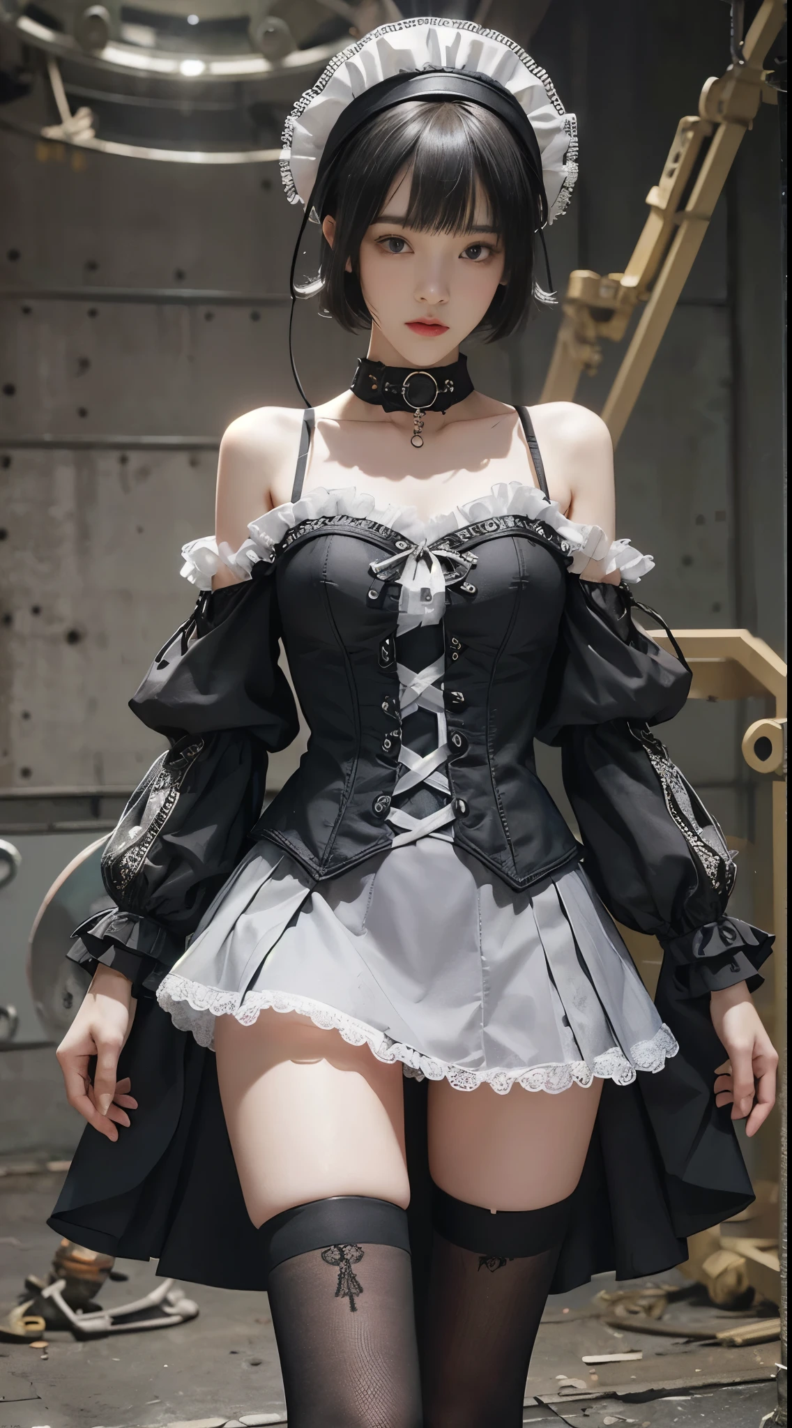 (((masterpiece, highest quality, Super detailed))), 1 female, (((very thin body))) , (((length, thin legs))), (((black short bob, thick fluffy bangs ))), (((highly detailed face))), No cosmetics, small and thin nose, thin mouth with small lips, (((Very sharp focused eyes))), Precise pale gray eyes with large slits, shine like a jewel, length eyelashes, ((Highly decorative intricate mechanical steampunk fashion, Lace Flare Mini Skirt, above the knee lace stockings, Lace Off Shoulder Lolita Fashion, Overly decorative fashion)), Abandoned Night, Complex mechanized steampunk factory catches fire and explodes, (((Overall accuracy has been dramatically improved, creating a Super detailed and realistic image))),  super realistic photos.