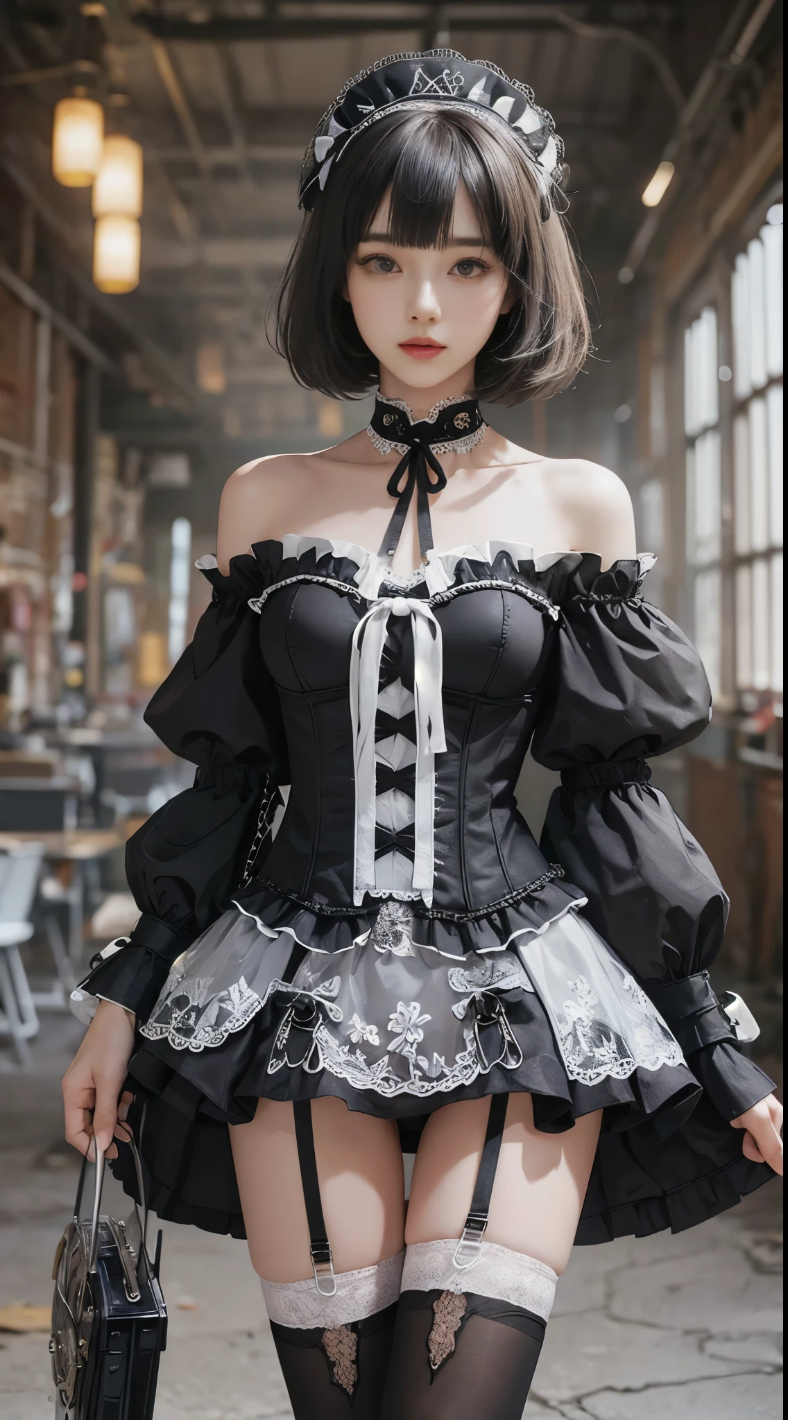 (((masterpiece, highest quality, Super detailed))), 1 female, (((very thin body))) , (((length, thin legs))), (((black short bob, thick fluffy bangs ))), (((highly detailed face))), No cosmetics, small and thin nose, thin mouth with small lips, (((Very sharp focused eyes))), Precise pale gray eyes with large slits, shine like a jewel, length eyelashes, ((Highly decorative intricate mechanical steampunk fashion, Lace Flare Mini Skirt, above the knee lace stockings, Lace Off Shoulder ta Fashion, Overly decorative fashion)), Abandoned Night, Complex mechanized steampunk factory catches fire and explodes, (((Overall accuracy has been dramatically improved, creating a Super detailed and realistic image))), super realistic photos.