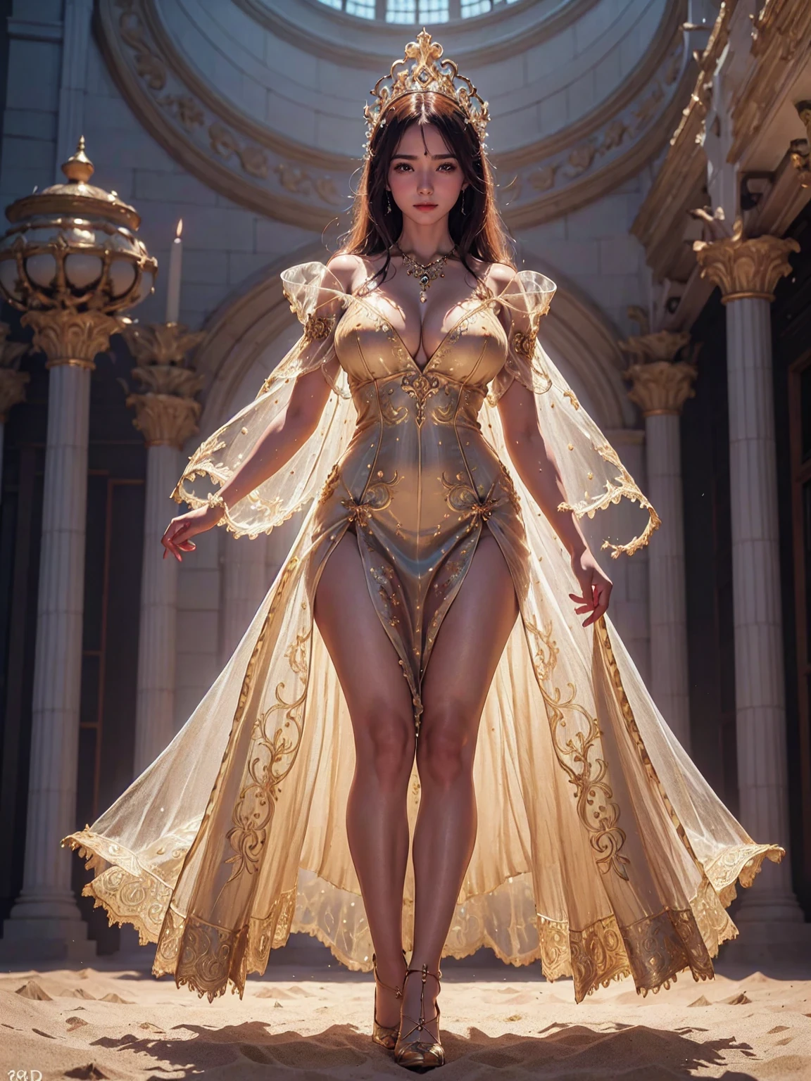 arafed woman with gigantic breast wearing a dress formed from fire, wearing an ornate outfit, ornate dress, intricate dress, elegant fire dress, ornate and elegant, extravagant dress, inspired by Hedi Xandt, ornate attire, intricate outfit, ornate royal gown, ornate clothing, ornate gown, intricate and elegant, intricate detailed dress, ornate , high heels, royal dress, detailed hand, detailed finger, sand in the body, sand on the dress, crystal element, crystal wings, Transparent clothing, masterpiece, best quality:1.2),,(8k,highres,RAW photo,realistic,photo-realistic:1.3),(detailed skin texture,detailed cloth texture,detailed flame texture, beautiful detailed face:1.25),professional lighting,photon mapping,beautiful soft light,radiosity,physically-based rendering,raytracing, model shoot style, model shoot style, (extremely detailed CG unity 8k wallpaper), full shot body photo of the most beautiful artwork in the world,