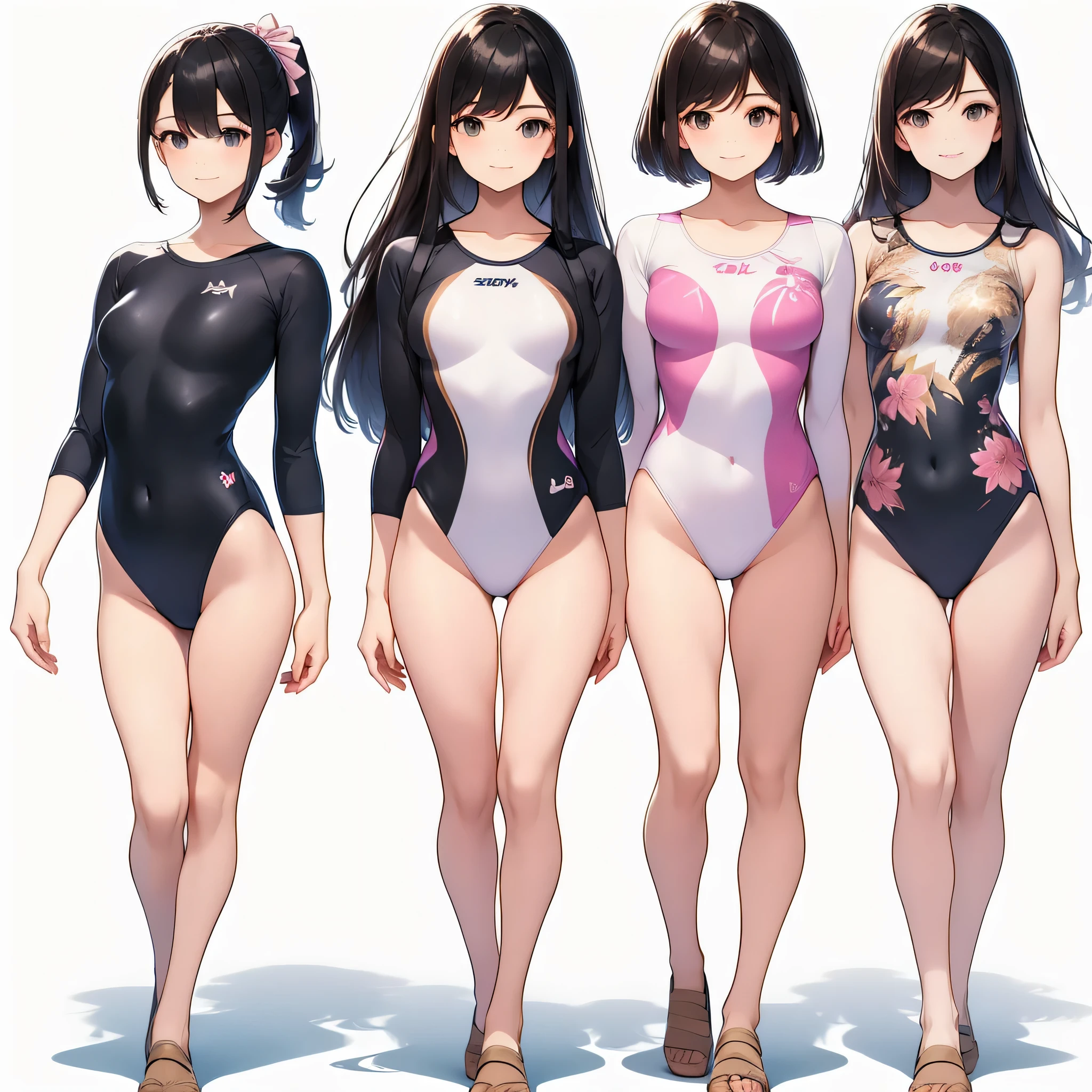 ((full body)),(masterpiece, best quality), (3 girls1.5) ,((Contrapposto:1.5)), looking at viewer, walking,((v_arms:1.2)), wearing gymnastics_longsleeves_leotard_outfit leotard:1.3),(pink leotard) ,(floral print:1.3), BREAK masterpiece black hair, ((long hair:1.2)), ((parted bangs:1.3)), black eyes, good hand, ((small breasts)), (over 20 years old, under 25 years old:1.2), , spotlight, happy, smile, BREAK in the class room
