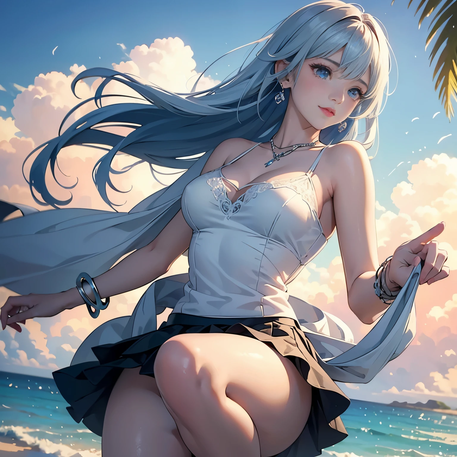 low angle,from below,very windy,skirt lift,panty shot
(1girl),(Kamisato Ayaka in Genshin Impact),  ((masterpiece, highest resolution,best quality)), (beautiful illustration),(semi long beautiful silver blue hair),(beautiful blue eyes), (white elegant see through camisole), (looking at the viewer),
 innocent smile, white over-kneehighs,Lace chalker, wristband, fingerless gloves, over-kneehighs,
Lace chalker, diamond necklace,wristband, fingerless gloves, earrings, windy,cinematic lighting, beach, sand, blue sky, waves, coconut tree,