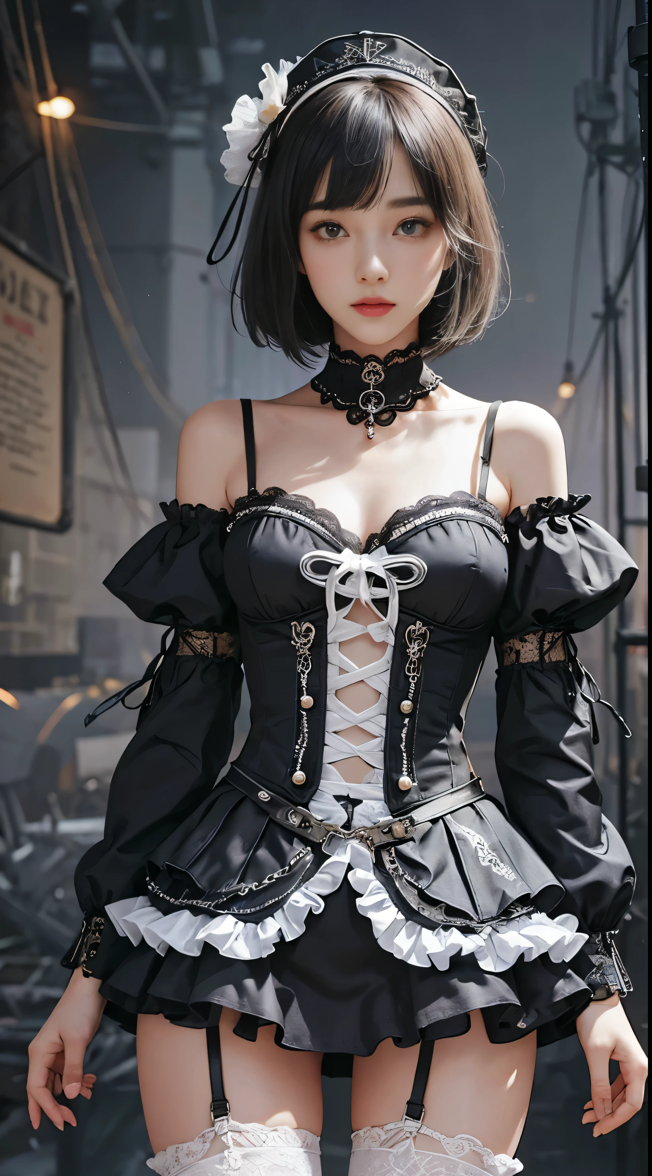 (((masterpiece, highest quality, Super detailed))), 1 female, (((very thin body))) , (((length, thin legs))), (((black short bob, thick fluffy bangs ))), (((highly detailed face))), No cosmetics, small and thin nose, thin mouth with small lips, (((Very sharp focused eyes))), Precise pale gray eyes with large slits, shine like a jewel, length eyelashes, ((Highly decorative intricate mechanical steampunk fashion, Lace Flare Mini Skirt, above the knee lace stockings, Lace Off Shoulder ta Fashion, Overly decorative fashion)), Abandoned Night, Complex mechanized steampunk factory catches fire and explodes, (((Overall accuracy has been dramatically improved, creating a Super detailed and realistic image))), super realistic photos.