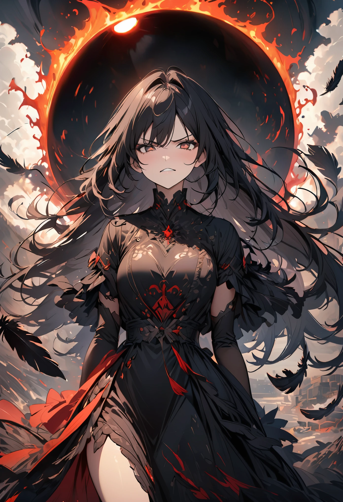 (black wind:1.4), 1girl,long_hair,facing viewer,standing,shushing,beautiful detailed eyes,exquisite dress, (annoyed face,:1.2),
(pitch-black scorched earth:1.3), (black sun:1.2), (crimson boiling magma:1.1),(falling black feathers:1.3),
8k,