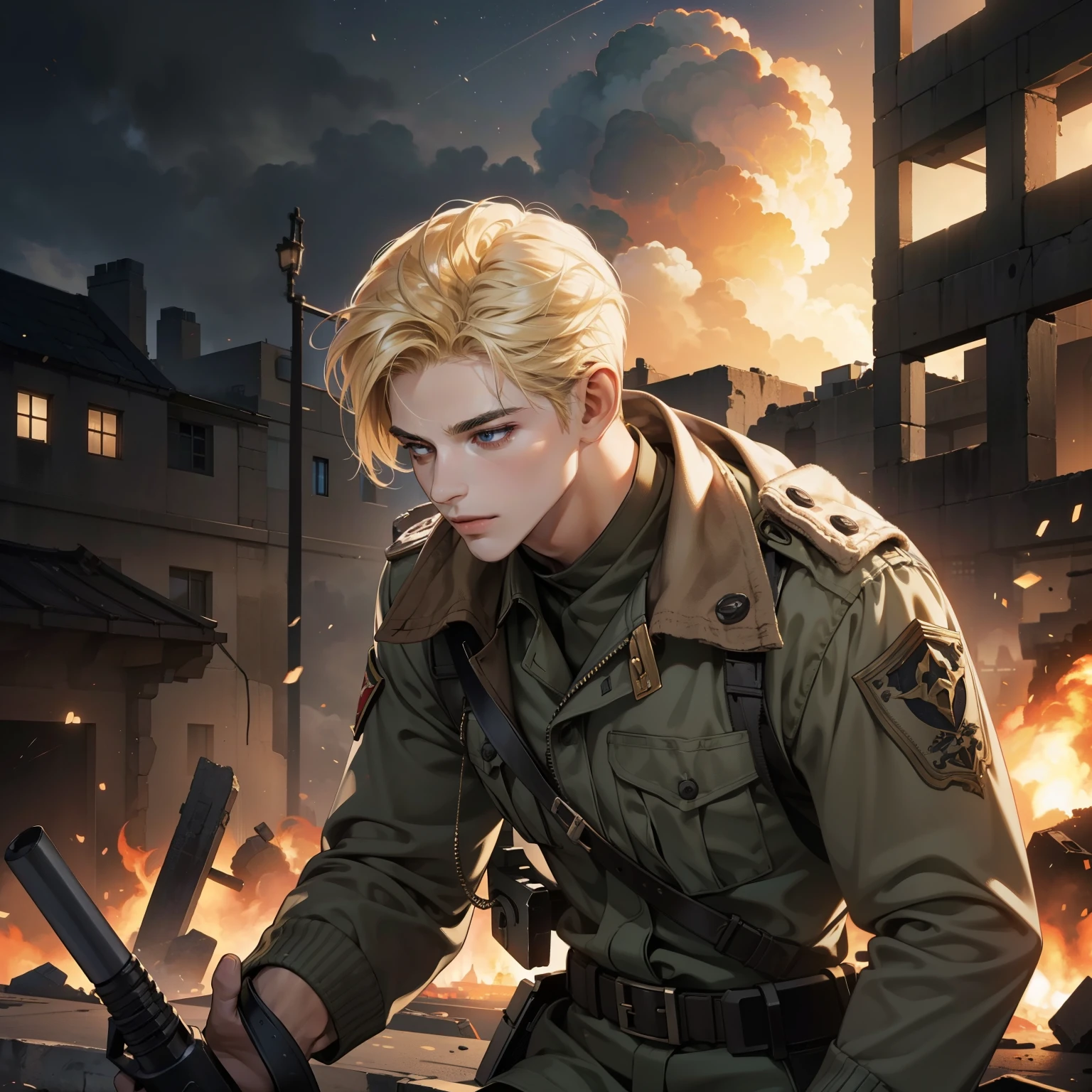Masterpiece, high quality, best quality, 3D HD, realistic, perfect lighting, detailed body, blonde hair, 1 Man, military at war, Destroyed city background