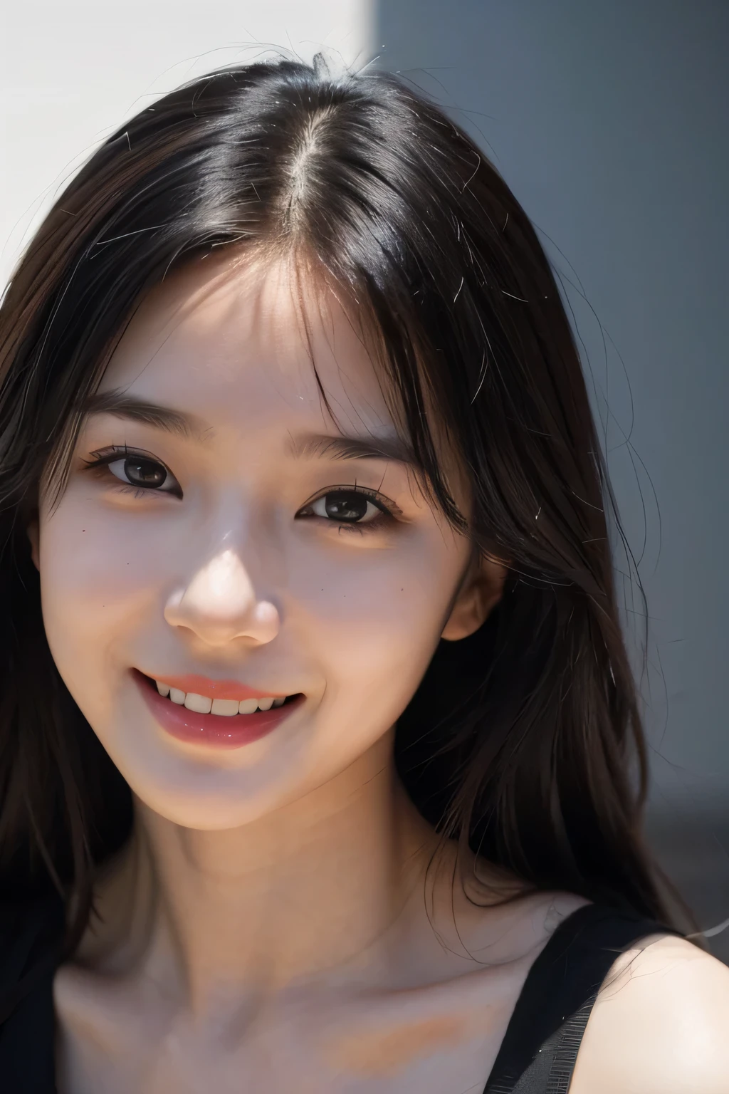 facing the front,Raw photo, Beautiful 26 year old face portrait photo.ah、woman, cute face, wearing a black dress, smile, hard shadow, cinematic shots, dramatic lighting