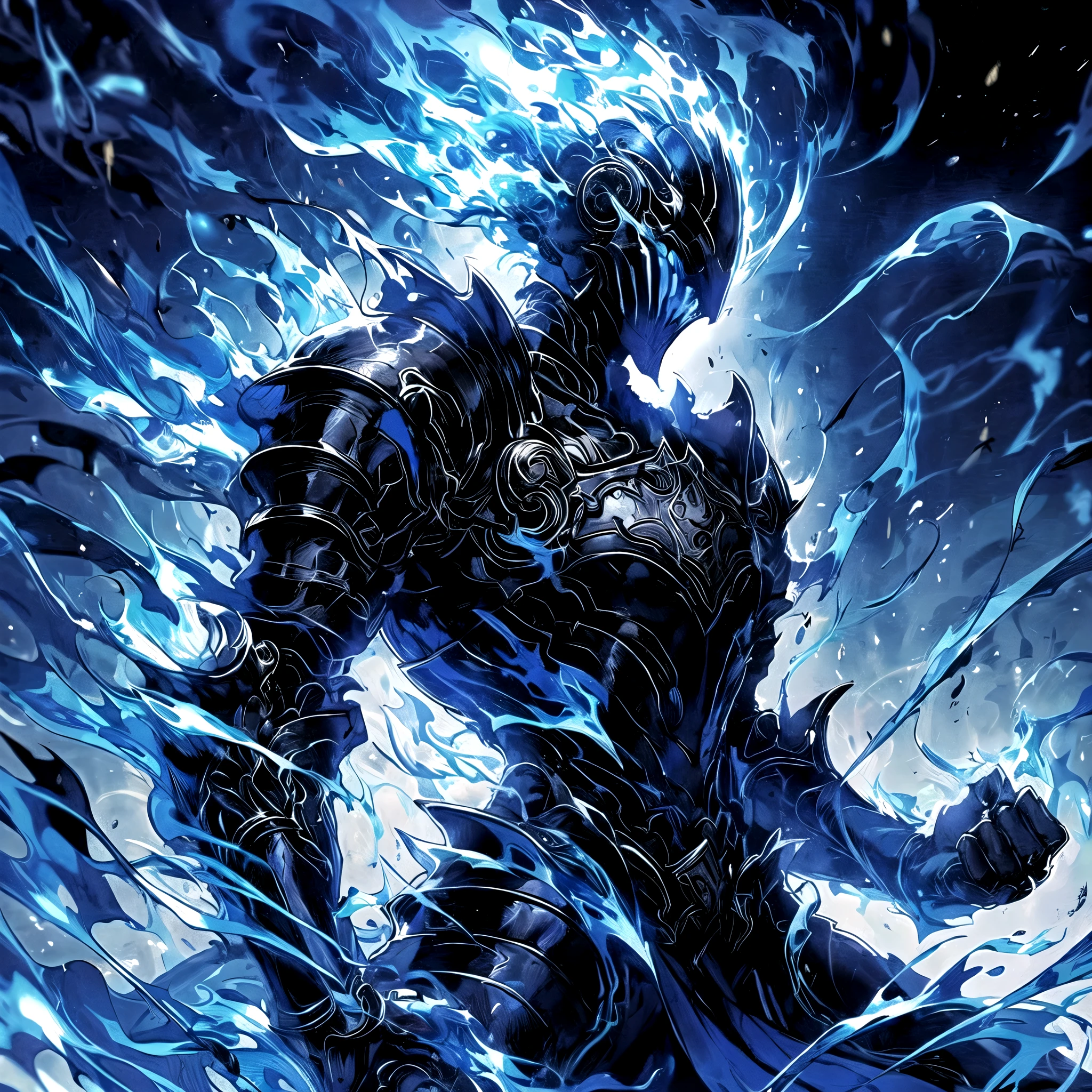 solo, cowboy shot, armor, helmet, fire, shoulder armor, gauntlets, blue theme, breastplate, full armor, blue fire, undead shadow knight with blue flames and black body