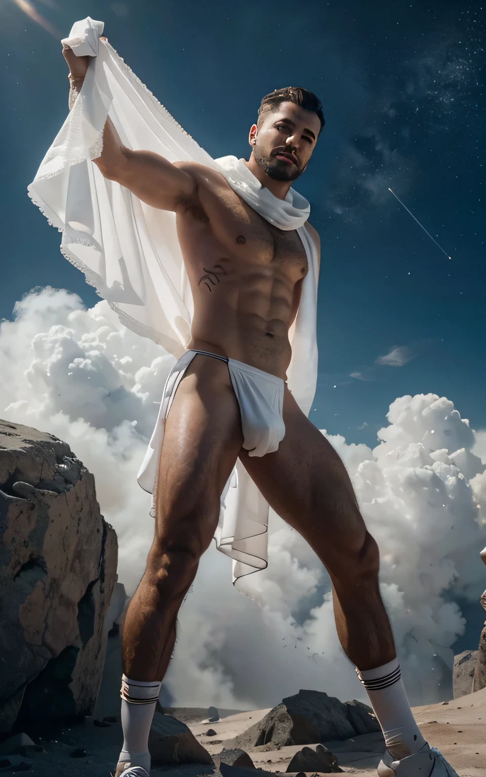 a full body of a man in a thongie with a beard, sexy masculine, white loincloth, jock, futuristic white-space-bikini, inspired by Volkan Baga, dust clouds | homoerotic, inspired by Hans Erni, dust clouds. homoerotic, by Ludovit Fulla, disrobed, homoerotic!!, homoerotic!