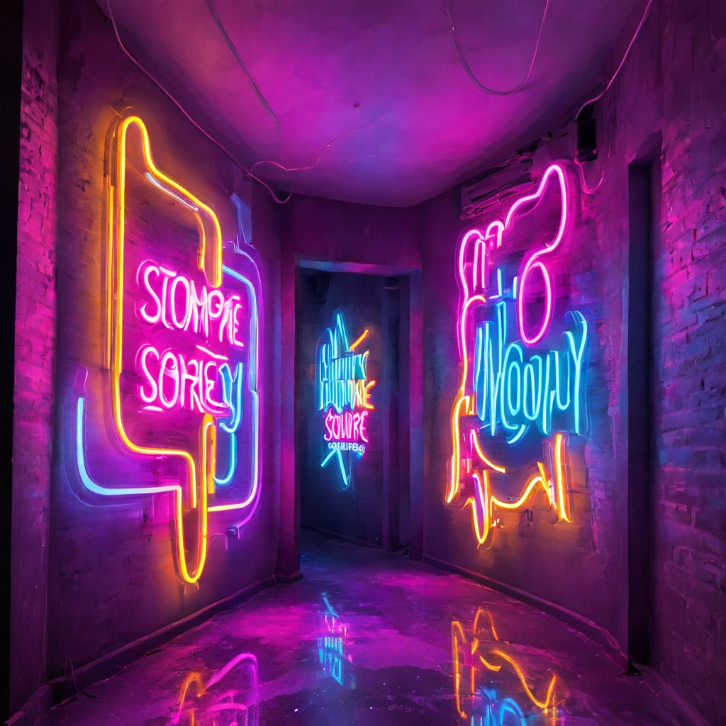 Neon Sign, PENeonSign, neon sign, glowing, colorful, (a vibrant composition, intense colors,high contrast),neon sign,luminous lights,dark urban alley,glowing words,nighttime cityscape,vivid futuristic atmosphere,reflections on wet pavement,neon tubes,hazy smoke,rich texture,shimmering glow,mystery in the air,electric energy,exciting nightlife,urban hustle and bustle,techno vibes,aesthetic appeal,modern design,retro feel,artsy nightlife scene,light trails,neon colors,impressive visual impact,lively and dynamic,abstract shapes,blurry background,striking visual contrast,glittering city lights,mesmerizing ambiance,electricity in the air,trendy spot to hang out,captivating visual spectacle,eye-catching display,lit-up facades,illuminated urban landscape,enticing glow,modern neon art,contemporary artistic expression,vibrant and energetic,eye-popping colors,illuminated typography,futuristic cityscape with neon lights,neon reflections,glowing city nights