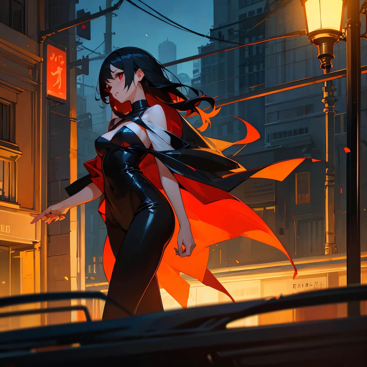 Girl, black haired girl, girl with red eyes, she wearing revealing clothes, oil on body, street, night street, lamp,