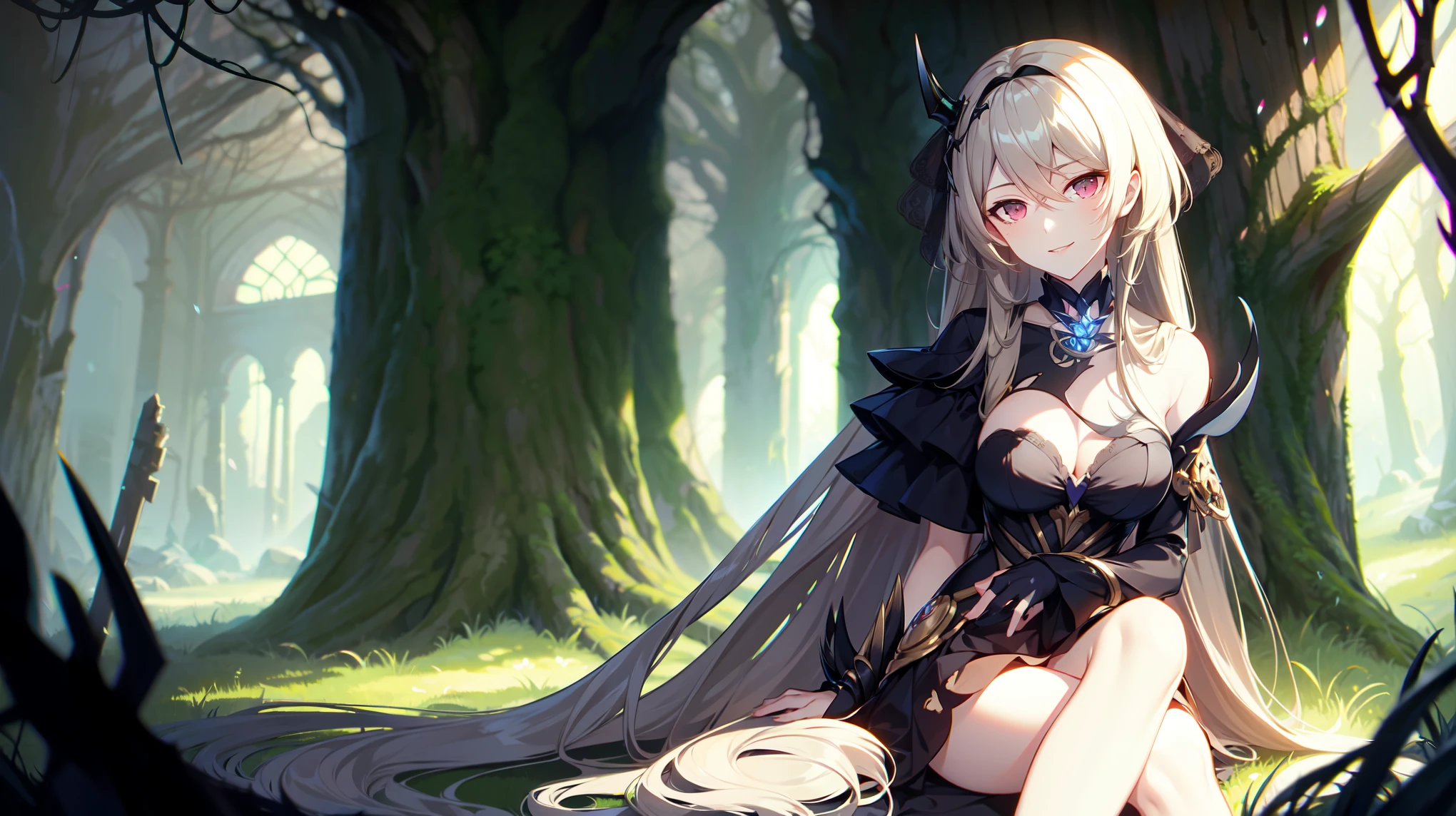masterpiece, best quality, 1woman, Anime, darker environment, long hair, straight hair, enticing, night, dark, ruin hall deep in the woods, looking at viewer, solo, faint moonlight, enticing smile, close-up, sitting