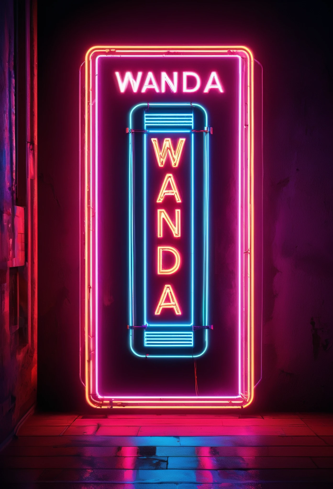 Neon noir (sign "WANDA":1.3), empty room, dust, blood,  . Cyberpunk, dark, rainy streets, neon signs, high contrast, low light, vibrant, highly detailed