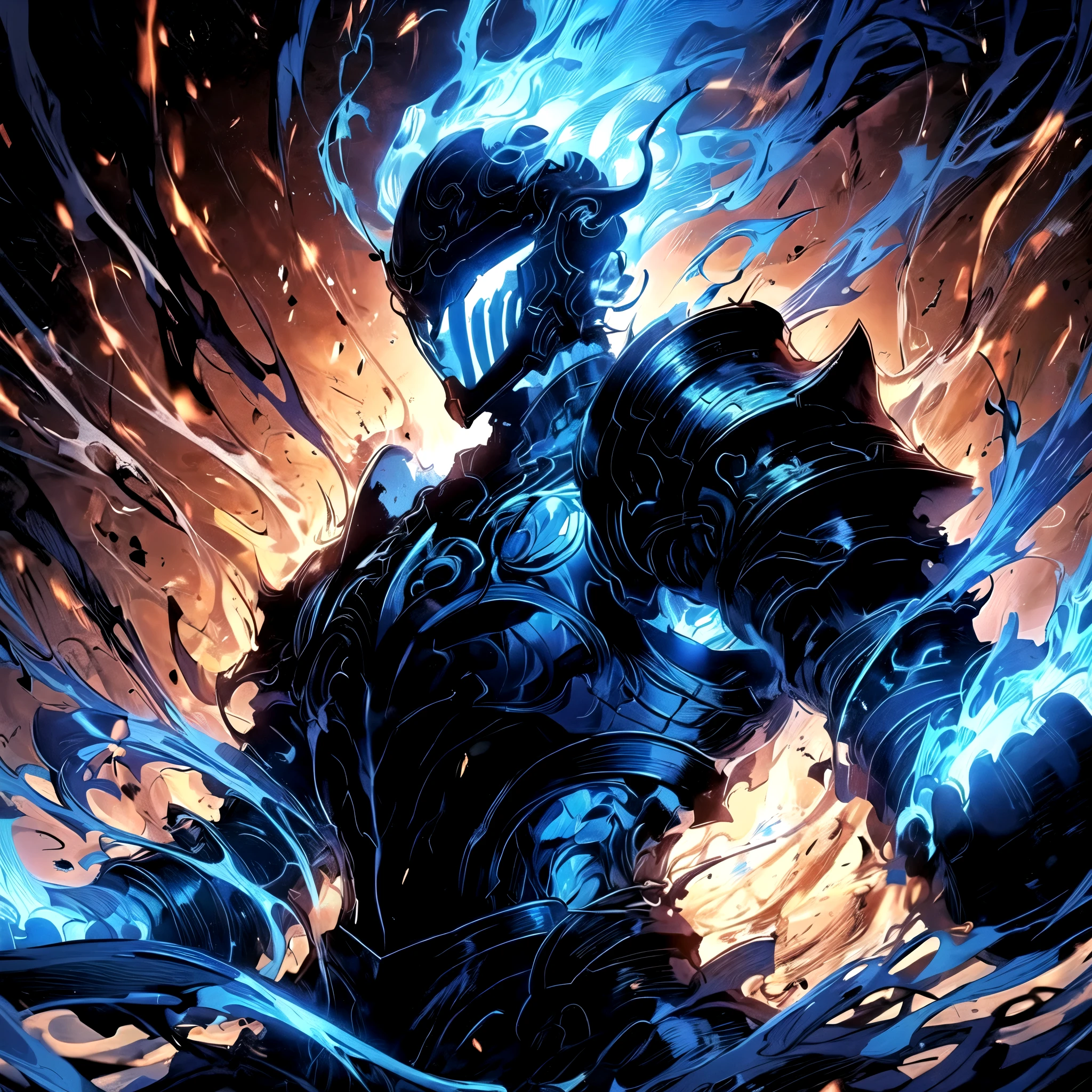 solo, cowboy shot, armor, helmet, fire, shoulder armor, gauntlets, blue theme, breastplate, full armor, blue fire, undead shadow knight with blue flames and black body