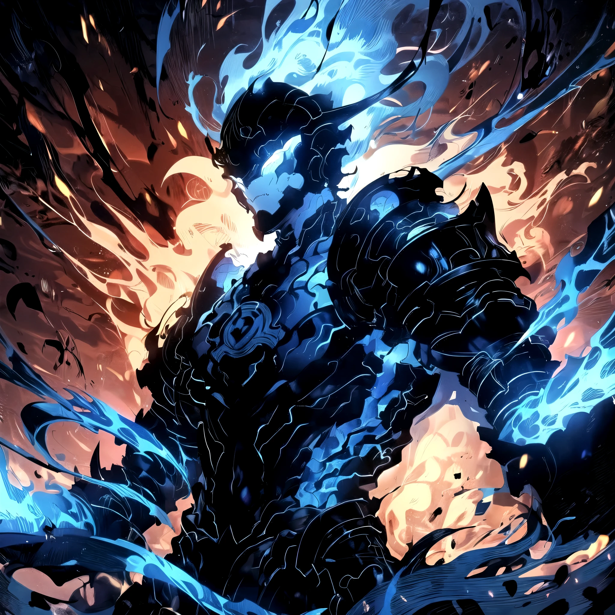 solo, cowboy shot, armor, helmet, fire, shoulder armor, gauntlets, blue theme, breastplate, full armor, blue fire, undead shadow knight with blue flames and black body