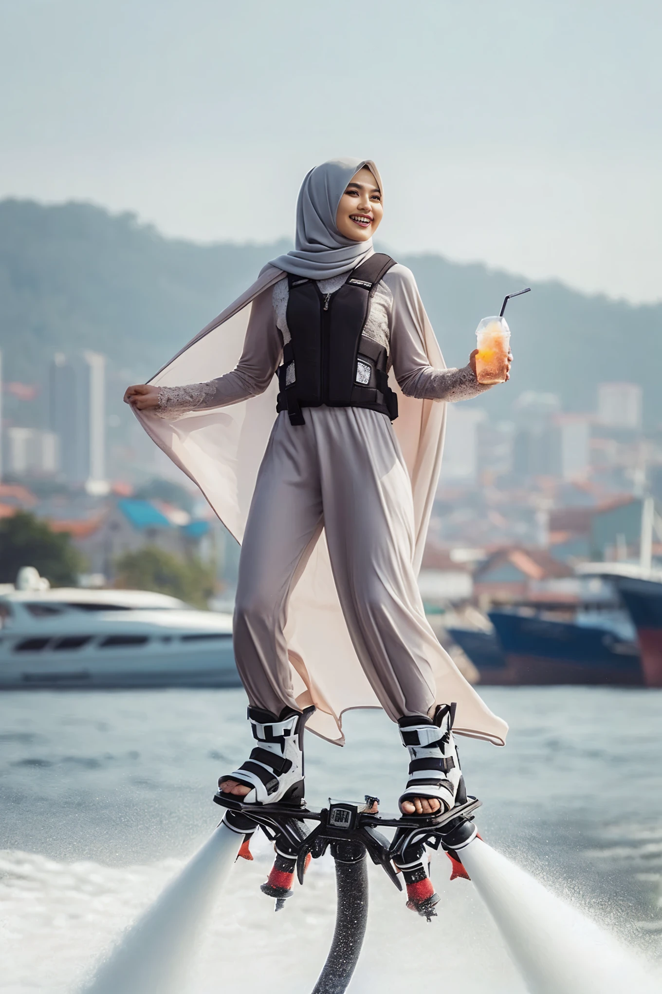 arafed woman on a jet ski with a drink and a scarf, she is walking on a river, hijab, girl wearing robotic suit, wearing futuristic clothing, futuristic attire, hoverboard, wearing futuristic, on stilts, wearing atompunk jumpsuit, wearing jetpack, zaha hadi, clothes from the future, very futuristic, white hijab, standing on a skateboard