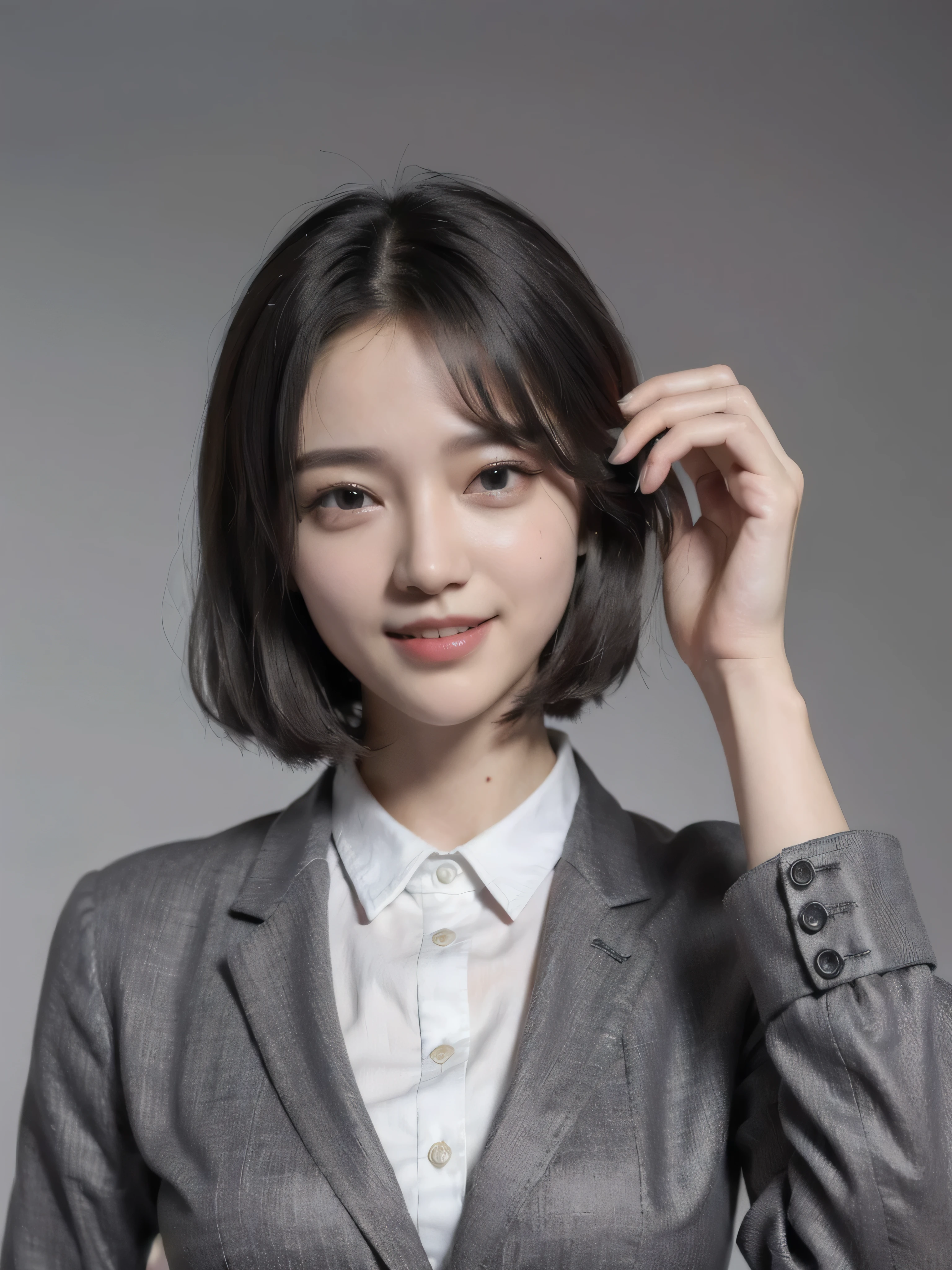 (grey background:1.5), (photorealistic:1.4), (best quality:1.0), (ultra highres:1.0), 8k, RAW photo, (masterpiece:0.2), 1girl, beautiful skin, detailed skin, big smile, teeth, (uniform:1.5)、bob hair