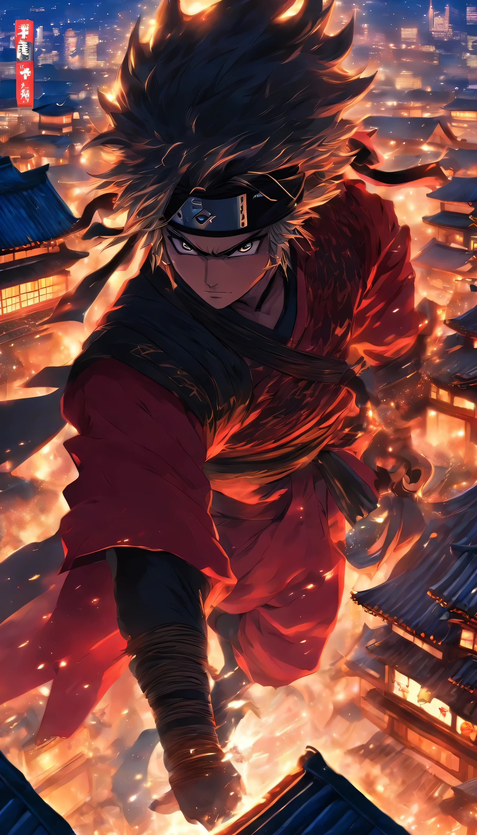 Gata ninja, profundidade de campo, master part, best quality, olhos azuis, On the rooftops of Japan, sozinho, Olhando para o Viewer, quimono, ninjitsu, luz lunar fraca, katana, shuriken, cachicol vermelho.lolita color. Thunder.