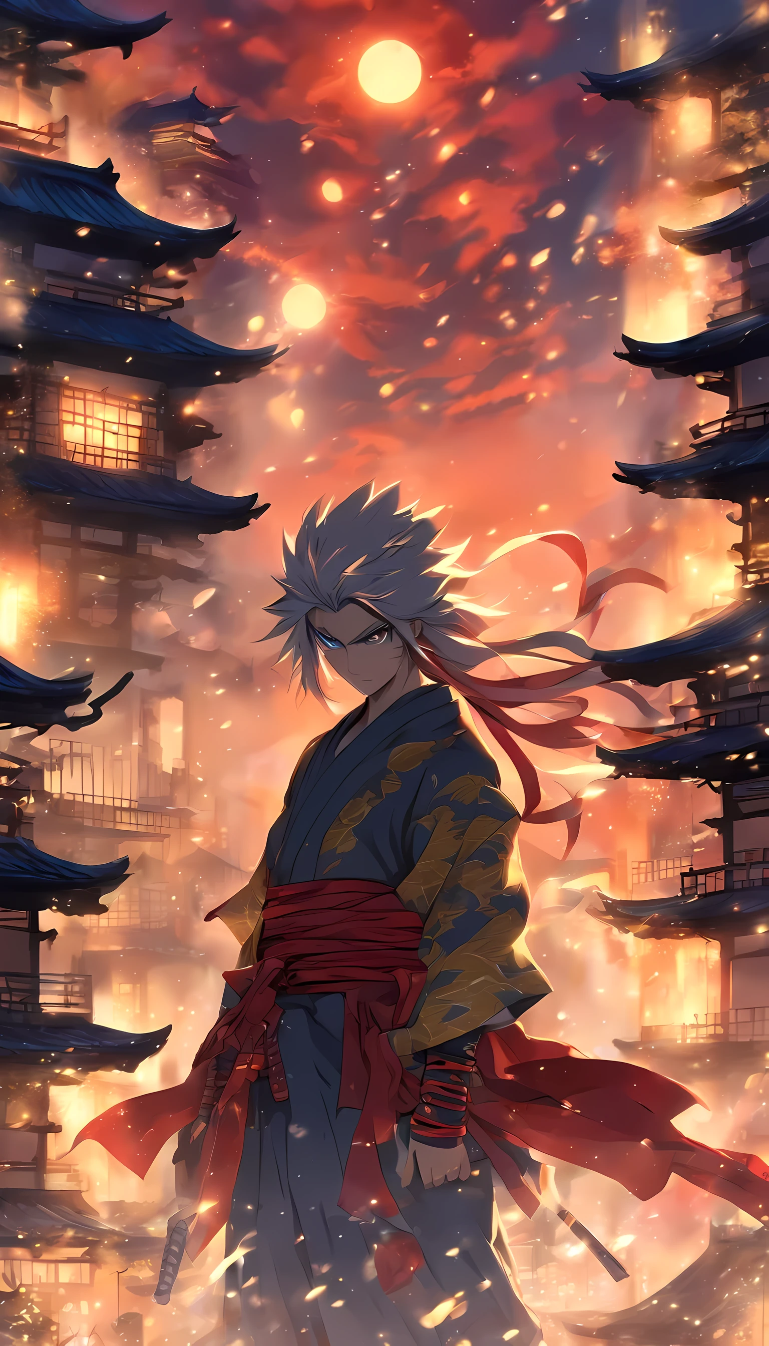 Gata ninja, profundidade de campo, master part, best quality, olhos azuis, On the rooftops of Japan, sozinho, Olhando para o Viewer, quimono, ninjitsu, luz lunar fraca, katana, shuriken, cachicol vermelho.lolita color. Thunder.