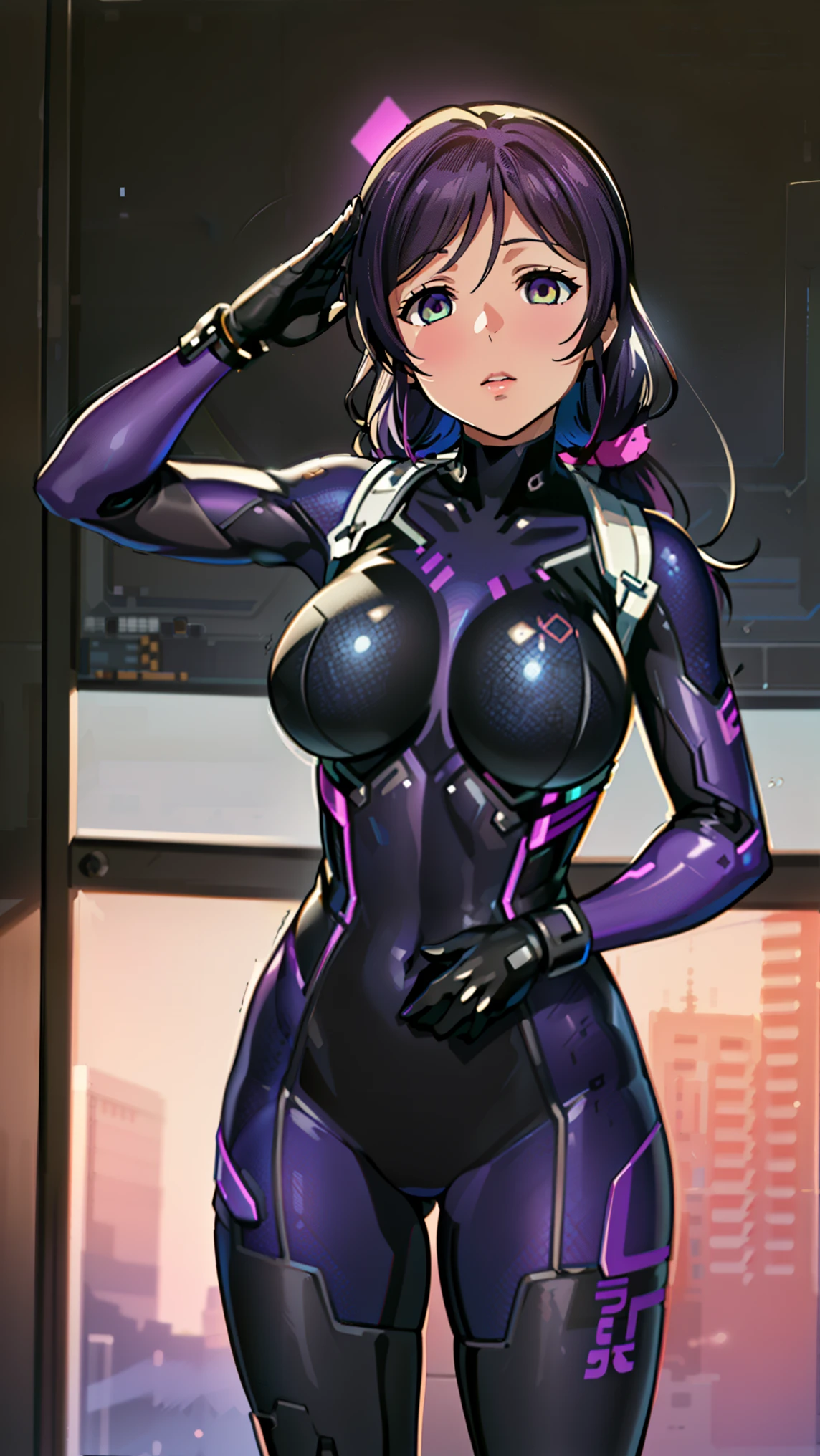 1 girl,NSFW,Nozomi Tojo, (lovelive), VR visor, clavicle, absurd, brainwashing,Combatant, empty eyes,((purple glowing eyes 1.5)), ( huge breasts ), ((stand up, one-handed salute)), No expression, emotions removed,((black bodysuit)),look away , whole body shape,(highest quality、4k、8K、High resolution、must have:1.2)、Super detailed、(reality、It&#39;s realistic、realistic:1.37)、ticker、hyper hd、studio lighting、ultra definition paint、sharp focus、Physically based rendering、extreme details、Professional specifications、vibrancy and color、blurry、sports portrait、landscape、horror style、anime big breasts、SF、photograph、concept artist、five fingers, perfect body,  {{{masterpiece}}}, {{{highest quality}}}, {{Super detailed}}, {shape}, {{very delicate and beautiful}},Improved cost performance、all roles、Canon 5D MK4でphotograph、photograph, 