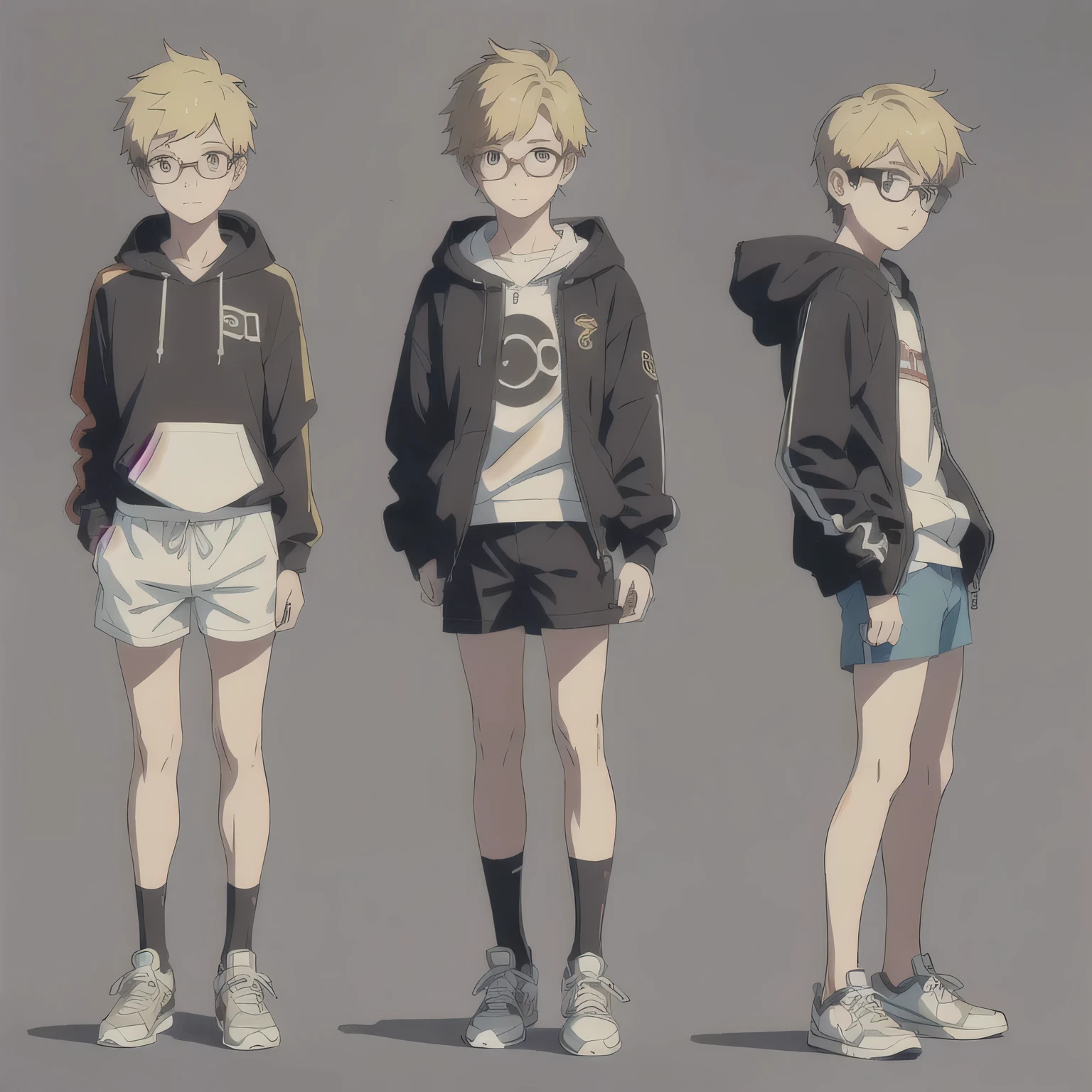 (Same character front, side and back)(white background) teenage boy, short blond hair, glasses, shorts, sneakers, hoody