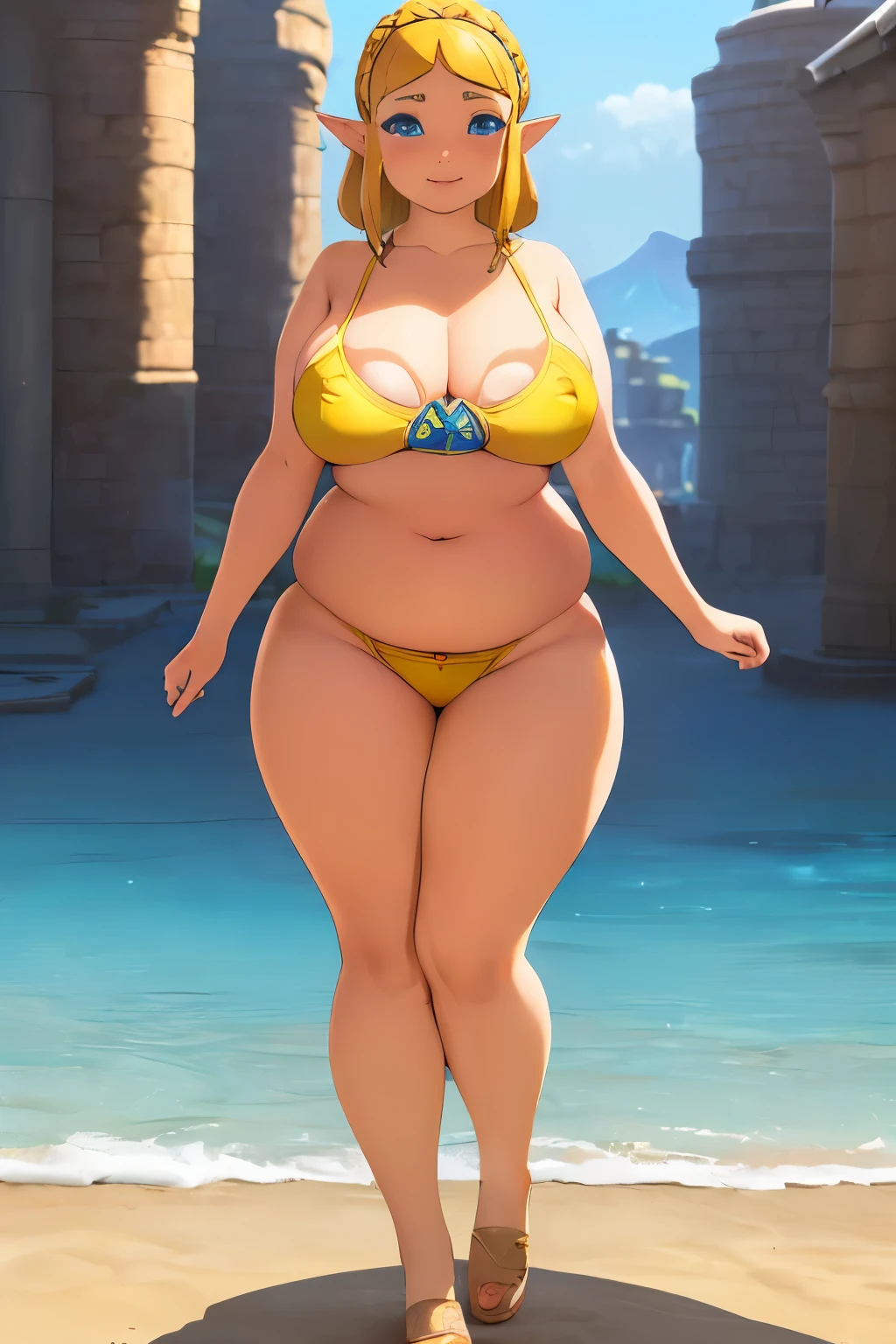 ((masterpiece)), ((best quality)), ((photorealistic)), small smile, solo, (detailed eyes), Zelda, BotW, face : (very beautiful face, (perfect face), cute face, round face), short blonde hair, pose : ( shy pose, arm on belly), figure : ( (very full body), (very thick), very plump, (very curvy), (sexy curves), (fat rolls), (belly rolls), (very chubby), (very chubby belly), (very chubby belly bottom), (big deep navel), (very wide waist), belly bulge, (muffin top), love handles, (thunder thighs), fed up ) clothes : ( tight yellow microbikini), location : ( beach, morning)