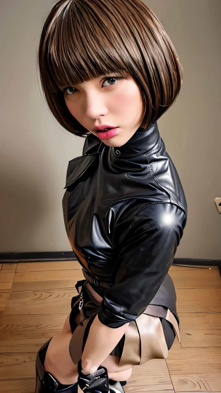 

beautiful girl,leather skirt,leather boots,Bobbappa,butt,Patsun,Patsun前髪,big eyebrows,short bob,butt,Erotic,shaved bob,Wakame-chan cut,Knee-high boots,blunt bangs,bowl cut hair,enamel,VeryShort,Bowl cut,bobbed hair,lipstick,embarrassed,photorealistic,hyperrealistic,masterpiece, best quality,ultra-detailed,super detailed skin,detailed,perfect anatomy、( highest quality、8K、masterpiece: 1.1 )、