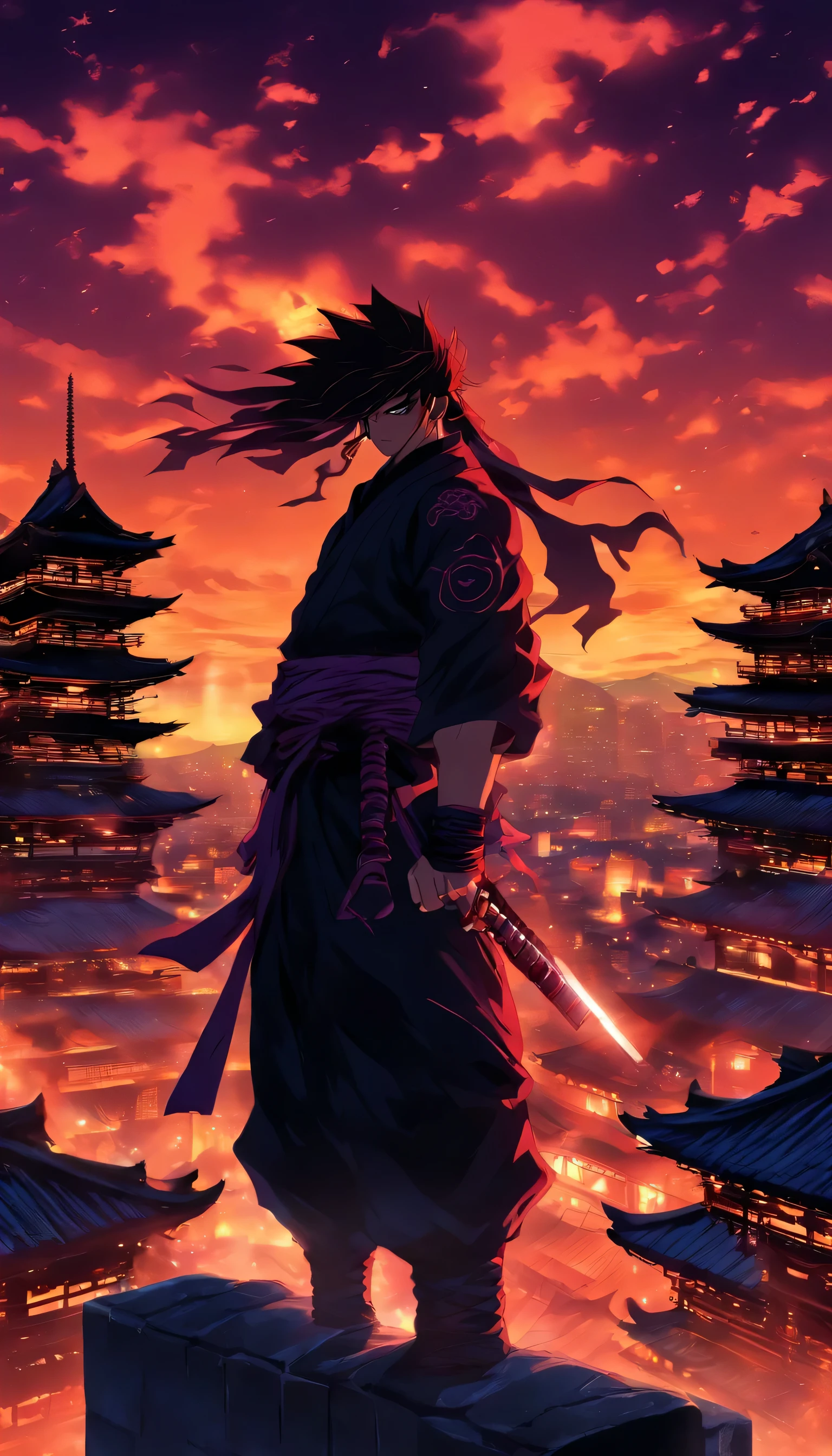Gata ninja, profundidade de campo, master part, best quality, olhos azuis, On the rooftops of Japan, sozinho, Olhando para o Viewer, quimono, ninjitsu, luz lunar fraca, katana, shuriken, cachicol vermelho.lolita color. Thunder.