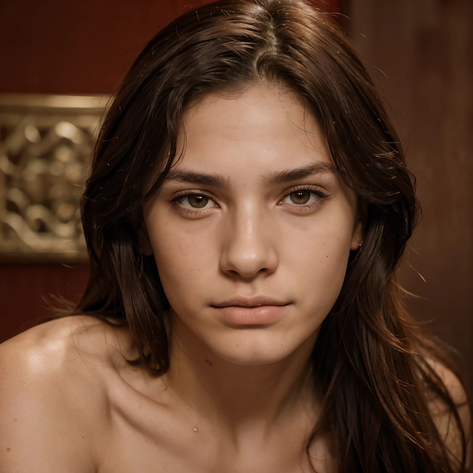 Realismo, 18 year old young man, cabello largo pelirrojo, nariz puntiaguda y definida, labios gruesos y carnosos, defined cheekbones, marked jaw,ojos rojos brillosos, looking towards the camera