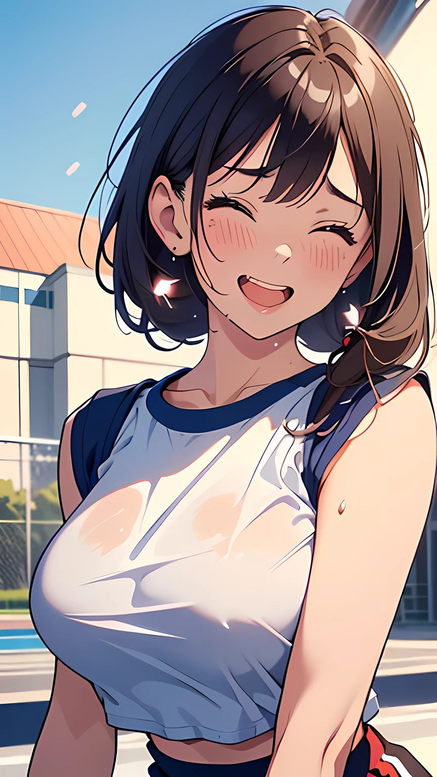 masterpiece,best quality, ultra high res,(beautiful woman:1.2),(beautiful Busty breasts:1),(enjoy:1.6), (dark hair:1), short low ponytail, a sexy mole around the mouth, sweat (burst into laughter:1.4), (squinting:1.4),(simple plain uniform:1.1),(gym uniform:1), school gym clothes,(plain:1.3),(wearing round neck white t-shirt:1.2), navy blue short Sweatpants , upper body shot