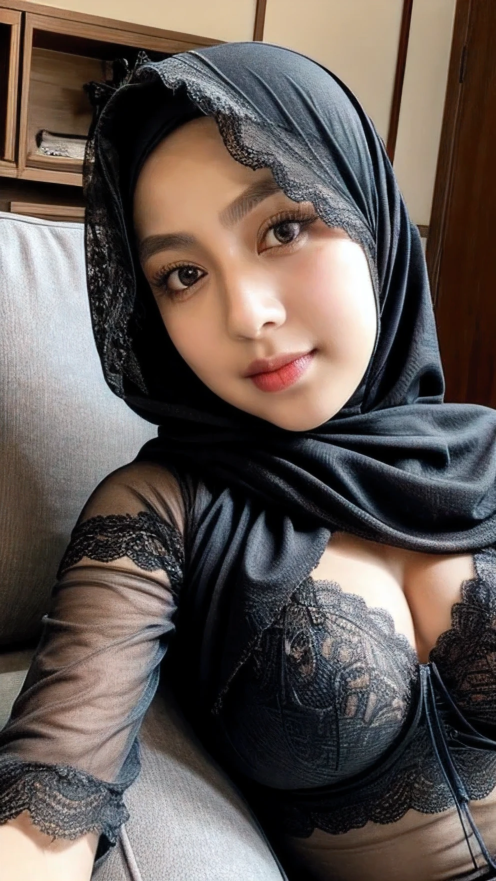 best quality, 8k, beautiful hijab details, charming face, Indonesian teenage model, long eyelashes, big breasts, black tangtop, hiding mouth with lace cloth, detailed details, colossal, sideboobs, looking at camera, selfie, in living room,