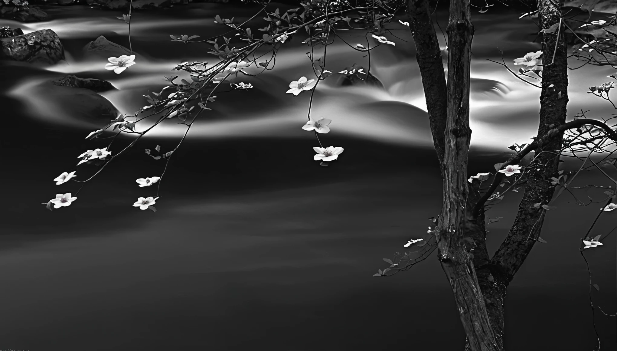 Streamscape with flowers and trees in foreground, flowing, beautiful flowing feeling, author：Ikuo Hirayama, author：Tadanari Ono, author：Chris Flair, author：Kiyohara Tama, author：Yamashita Kiyoshi, Inspired by Pierre Pellegrini, flowing sakura silk, author：Nakayama Masaru