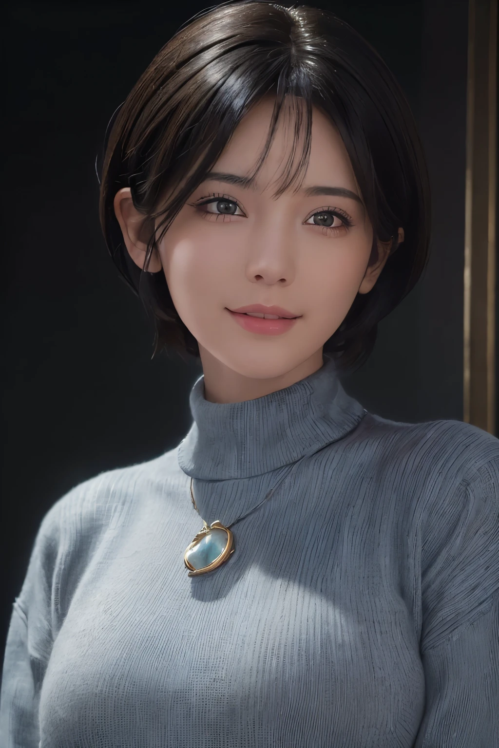 (masterpiece:1.3), (8K, realistic, Raw photo, highest quality: 1.4), (1 girl), beautiful face, (realistic face), (black hair, short hair:1.3), beautiful hairstyle, realistic eyes, detailed and beautiful eyes, (realistic skin), beautiful skin, (sweater), disorganized, Charm, ultra high resolution, surreal, very detailed, golden ratio smile