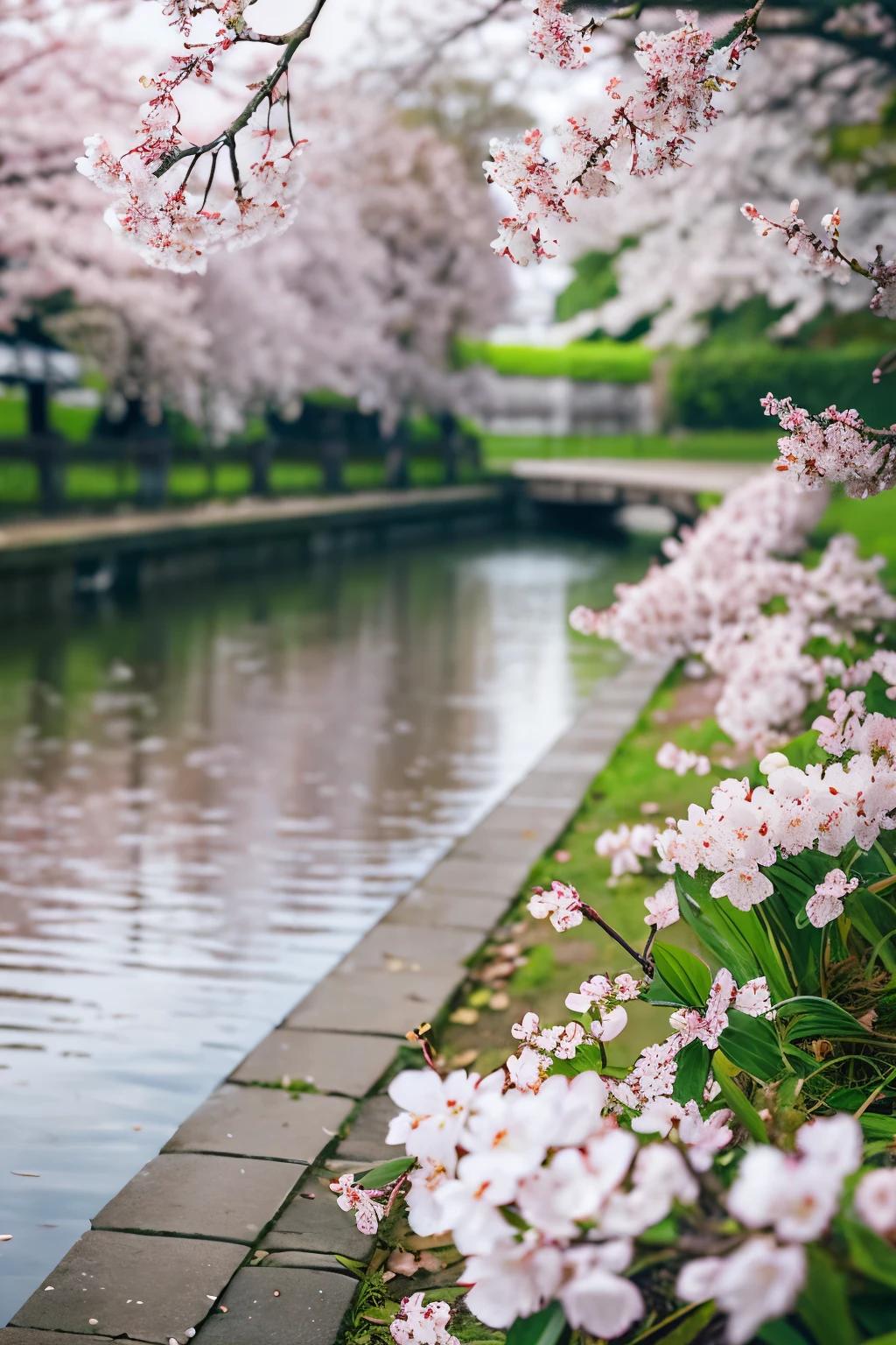 There is a corner of cherry blossoms on the deep path, and with the raindrops falling, the background is blurred to highlight the corner of cherry blossoms in a realistic style.