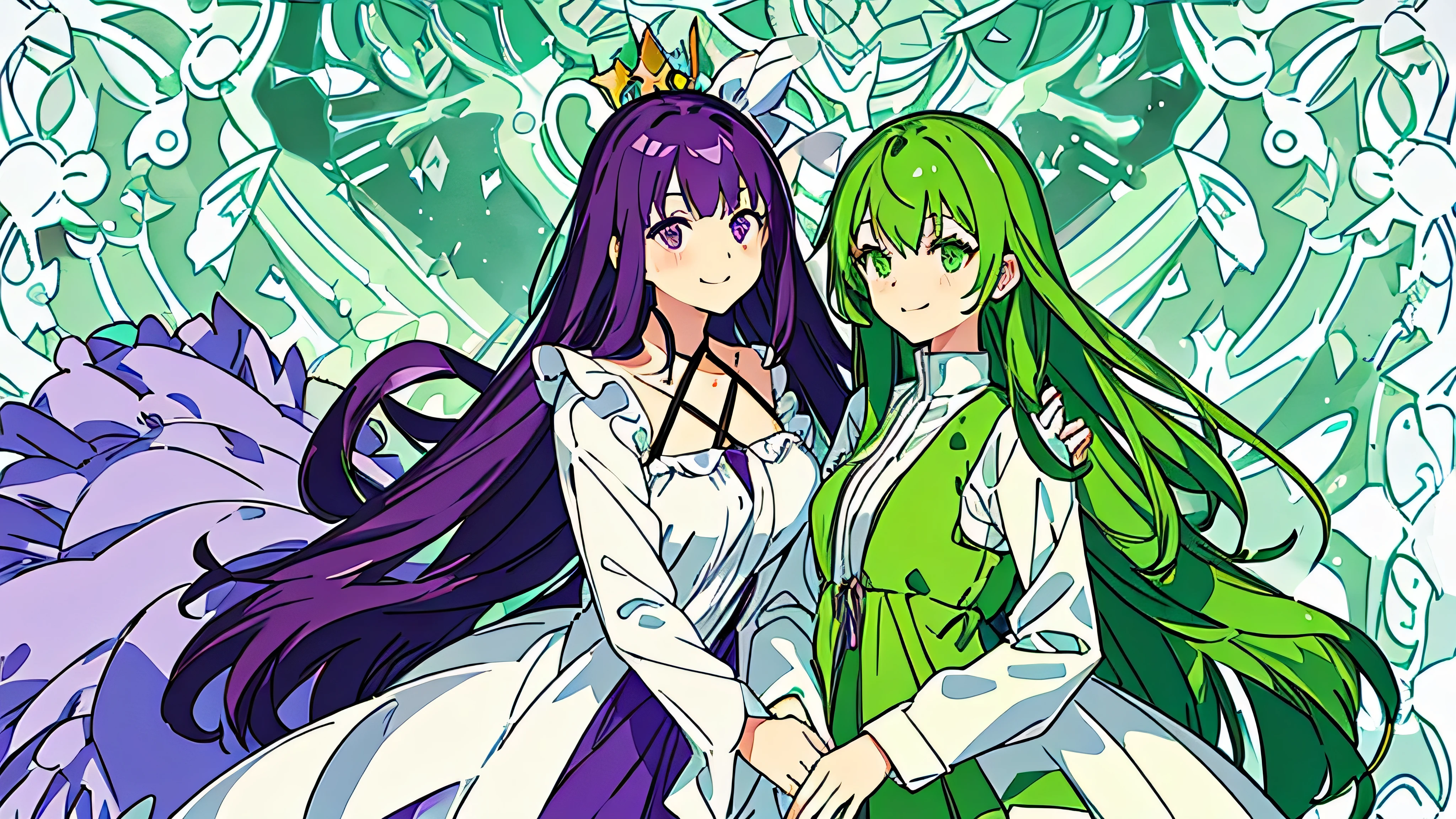 1girl with green long hair green eyes and 1girl with purple short hair purple eyes, white one piece dress, smiling, cozy green and purple side to side background with a simple pattern