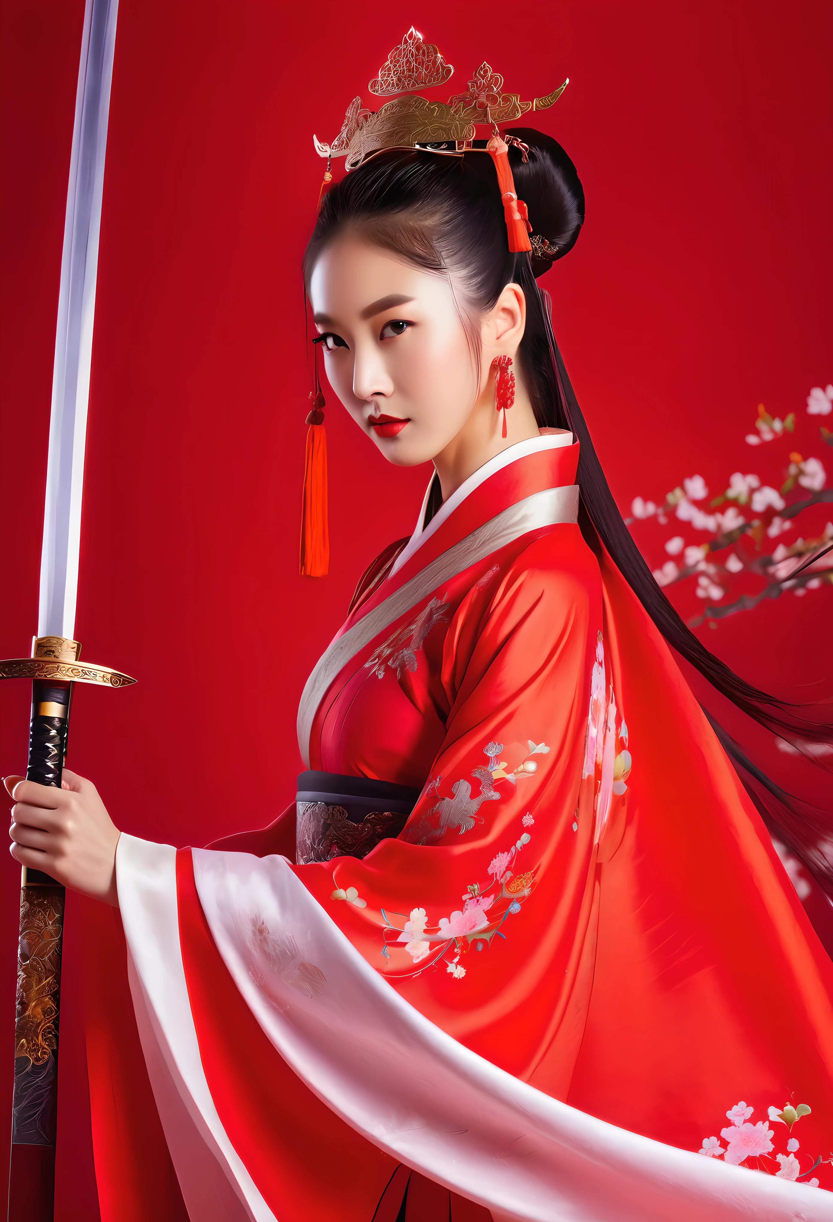Arafed woman in red dress with sword and red background, palace , a girl in Hanfu, Hanfu, fair empress fantasy, ((fair empress fantasy)), Chinese princess, chinese style, Chinese costume, Xianxia fantasy, in ancient Chinese clothes, ancient Chinese princess, wear ancient chinese clothes, Chinese empress, Xianxia