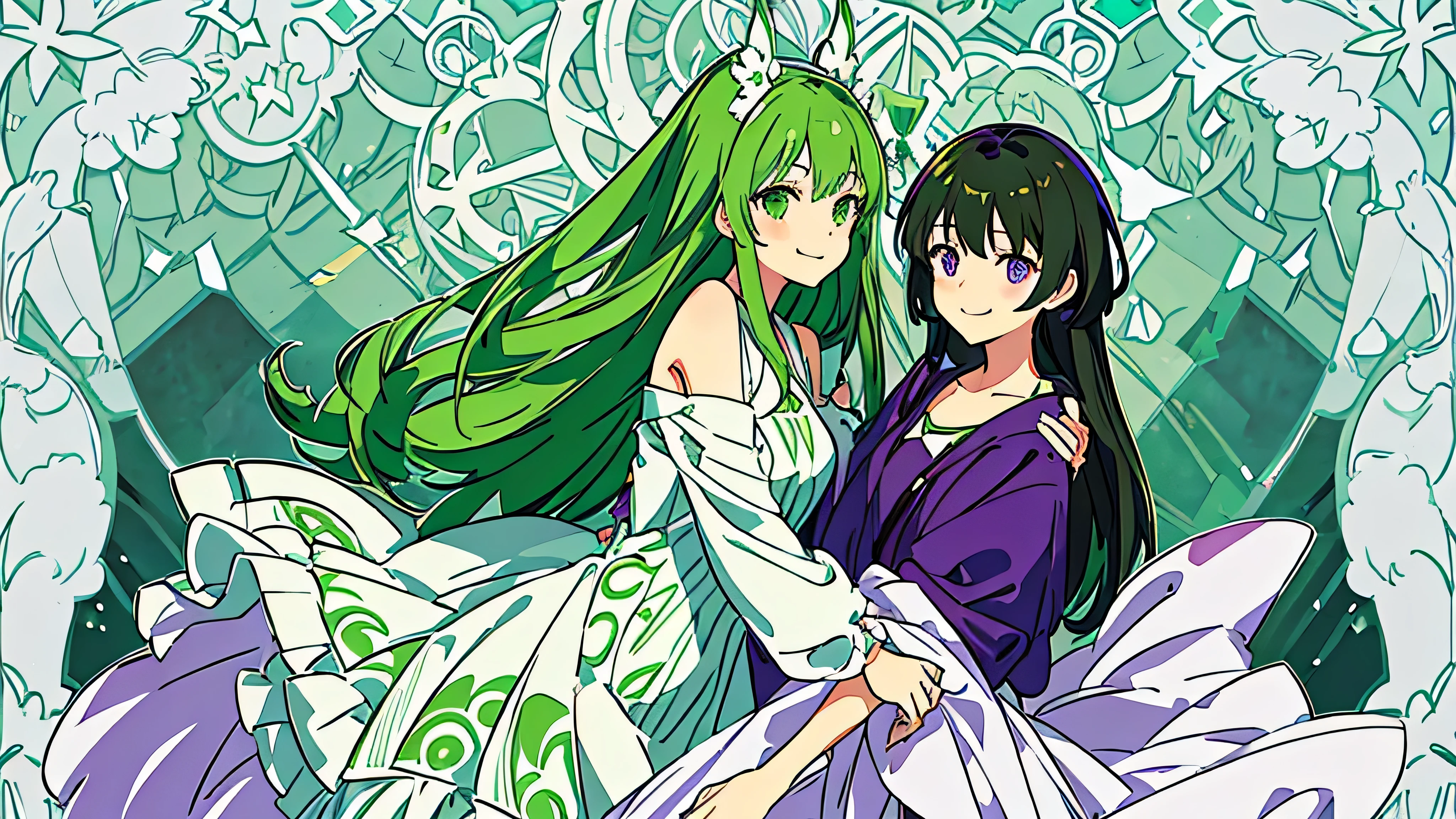 1girl with green long hair green eyes and 1girl with purple short hair purple eyes, white one piece dress, smiling, cozy green and purple side to side background with a simple pattern