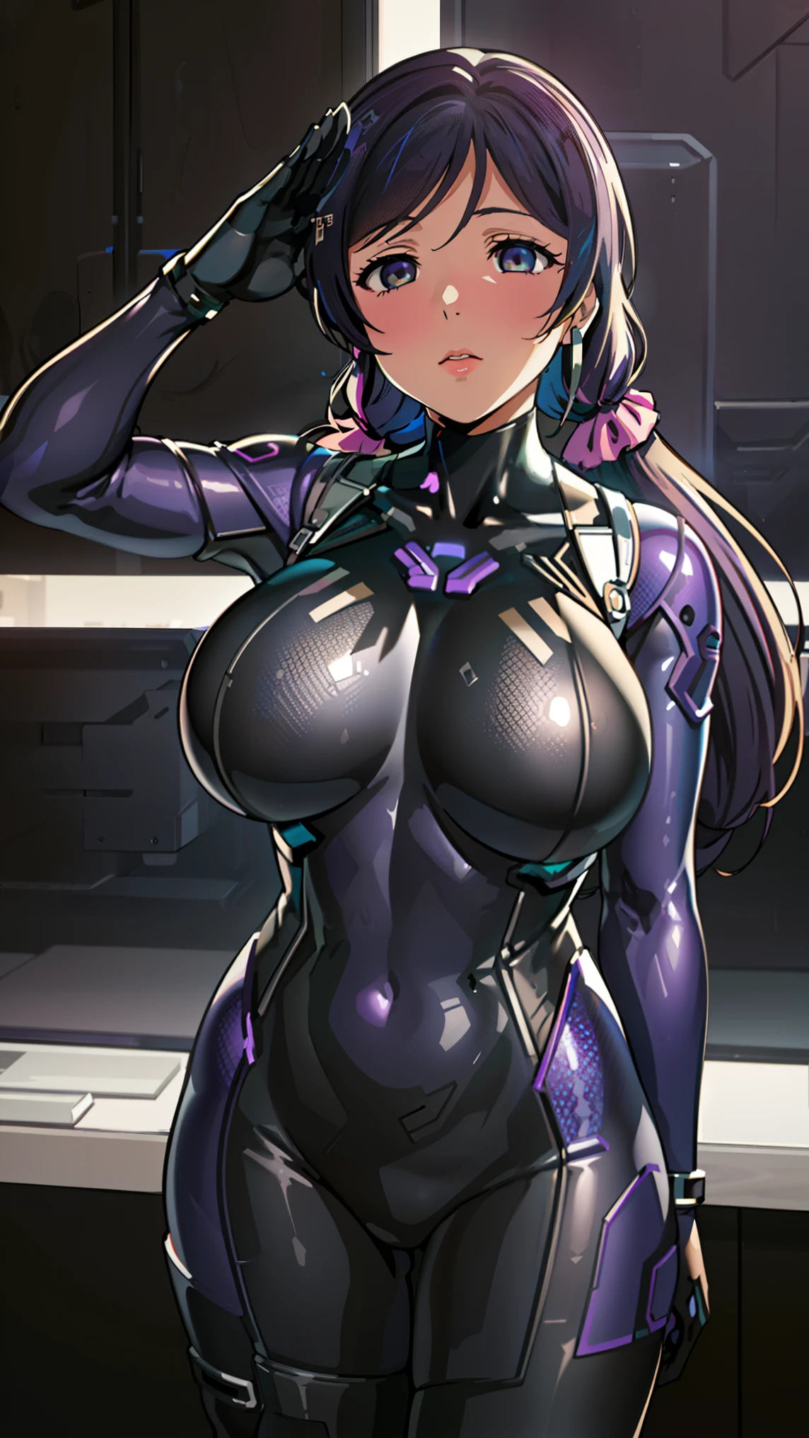 1 girl,NSFW,Nozomi Tojo, (lovelive), VR visor, clavicle, absurd, brainwashing,Combatant, empty eyes,((purple glowing eyes 1.5)), ( huge breasts ), ((stand up, one-handed salute)), No expression, emotions removed,((black bodysuit)),look away , whole body shape,(highest quality、4k、8K、High resolution、must have:1.2)、Super detailed、(reality、It&#39;s realistic、realistic:1.37)、ticker、hyper hd、studio lighting、ultra definition paint、sharp focus、Physically based rendering、extreme details、Professional specifications、vibrancy and color、blurry、sports portrait、landscape、horror style、anime big breasts、SF、photograph、concept artist、five fingers, perfect body,  {{{masterpiece}}}, {{{highest quality}}}, {{Super detailed}}, {shape}, {{very delicate and beautiful}},Improved cost performance、all roles、Canon 5D MK4でphotograph、photograph, 